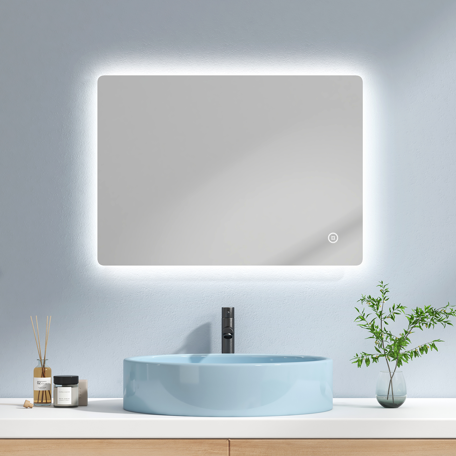 EMKE Lustro łazienkowe LED 50x70cm Lustro łazienkowe z oświetleniem Lustro łazienkowe podświetlane w kolorze zimnej bieli Lustro ścienne z włącznikiem dotykowym + antifog IP44 Energooszczędne