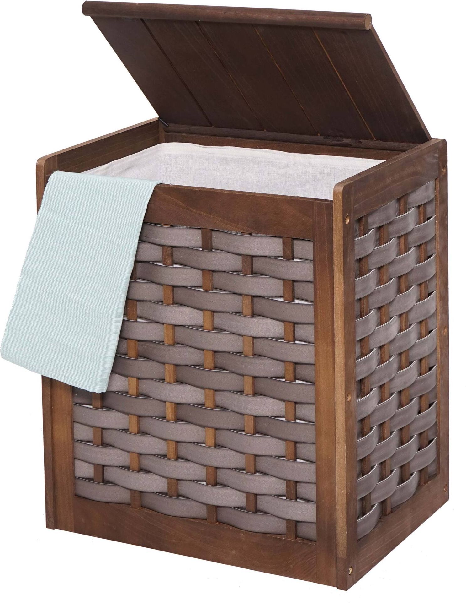 Kosz na pranie HWC-G37, sortownik na pranie, pojemnik na pranie z litego drewna w stylu shabby wiklinowy 61x51x35cm ~ brązowy