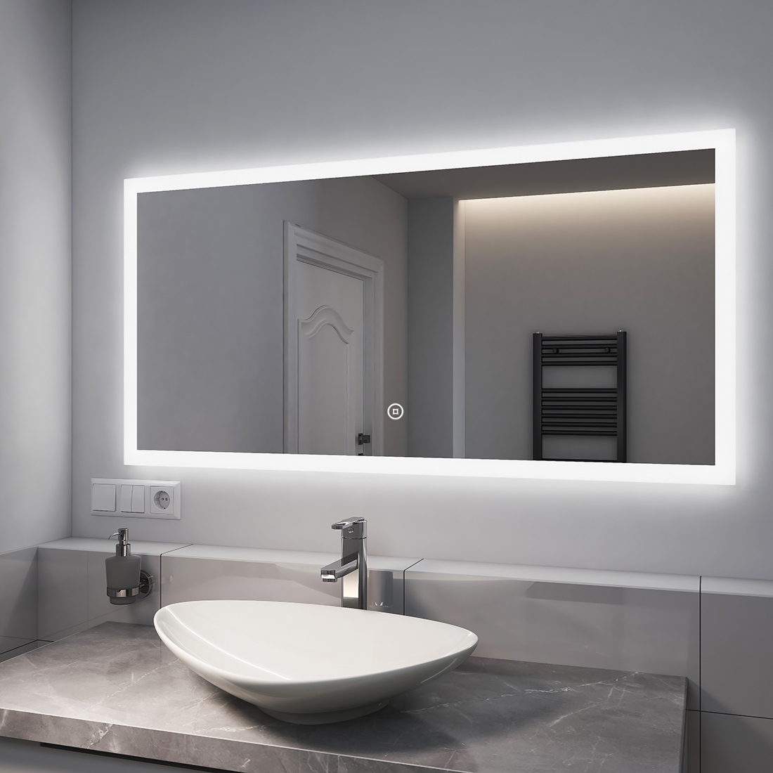 EMKE lustro łazienkowe 120x60cm oświetlenie LED lustro łazienkowe przełącznik dotykowy 6500K przeciwmgielne IP44 energooszczędne lustro ścienne łazienka poziome lustro dotykowe zimne białe podświetlane lustro
