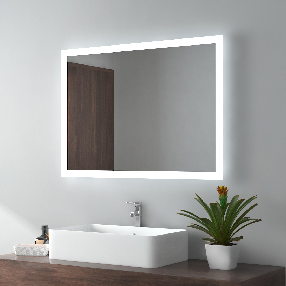 EMKE Lustro łazienkowe LED 60x80cm Lustro łazienkowe z oświetleniem 2 barwy światła 3000/6500K Jasne lustro Lustro ścienne z włącznikiem przyciskowym + przeciwmgielne IP44 Energooszczędne