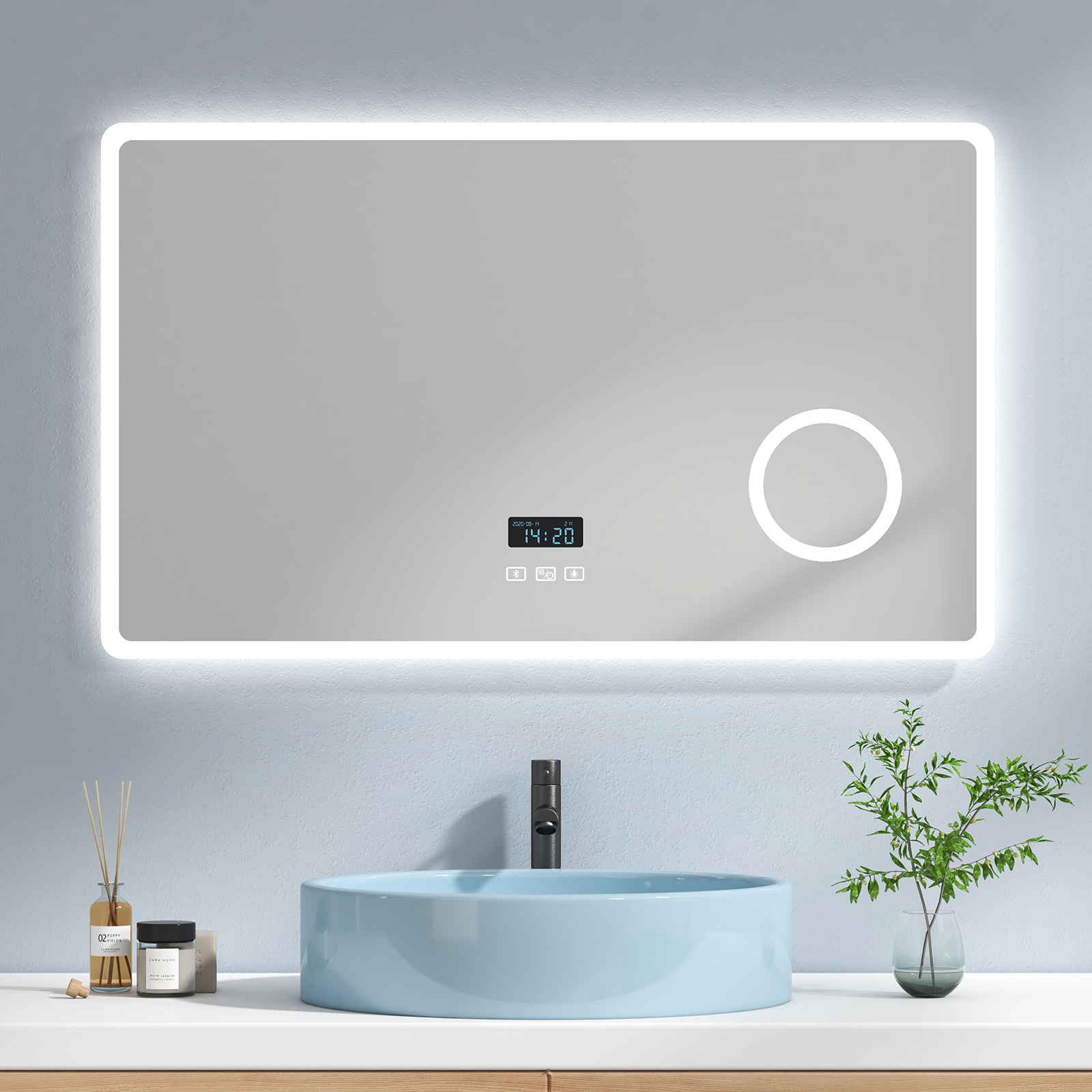 EMKE Lustro łazienkowe LED 100x60cm Lustro łazienkowe z oświetleniem 3 barwy światła 3000-6500K Zimna biel Neutralna ciepła biel Możliwość ściemniania Podświetlane lustro z przełącznikiem dotykowym + przeciwmgielne + zegar + 3-krotne powiększenie Lustro do makijażu IP44 Energooszczędne