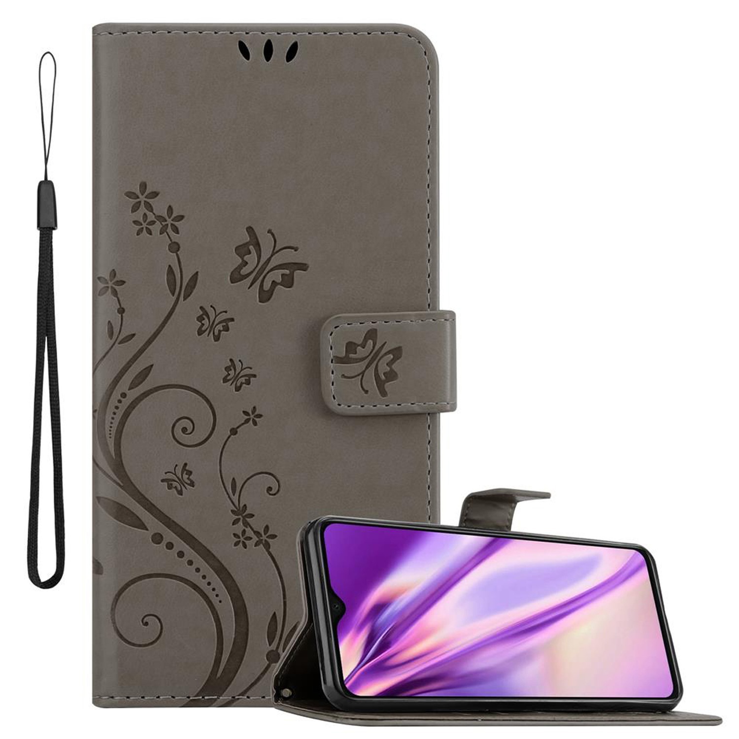 Etui Cadorabo do Xiaomi Redmi Note 8 Pro w kolorze FLORAL GREY Etui na telefon komórkowy w kwiatowy wzór z magnetycznym zamknięciem, funkcją podstawki i 3 miejscami na karty Etui ochronne Etui z klapką w stylu książki