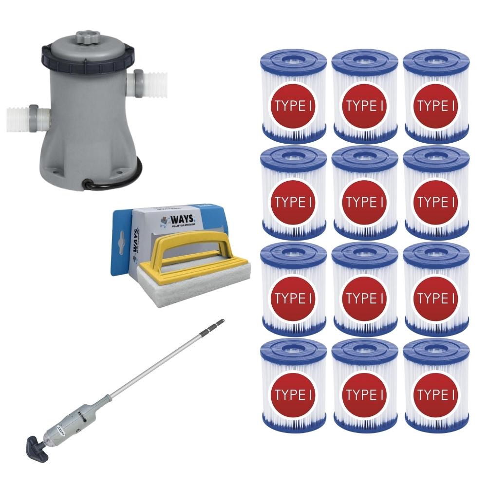 WAYS - Pielęgnacja basenu - Odkurzacz basenowy i pompa filtrująca 1249 l/h i 12 filtrów typu I oraz szczotka szorująca WAYS
