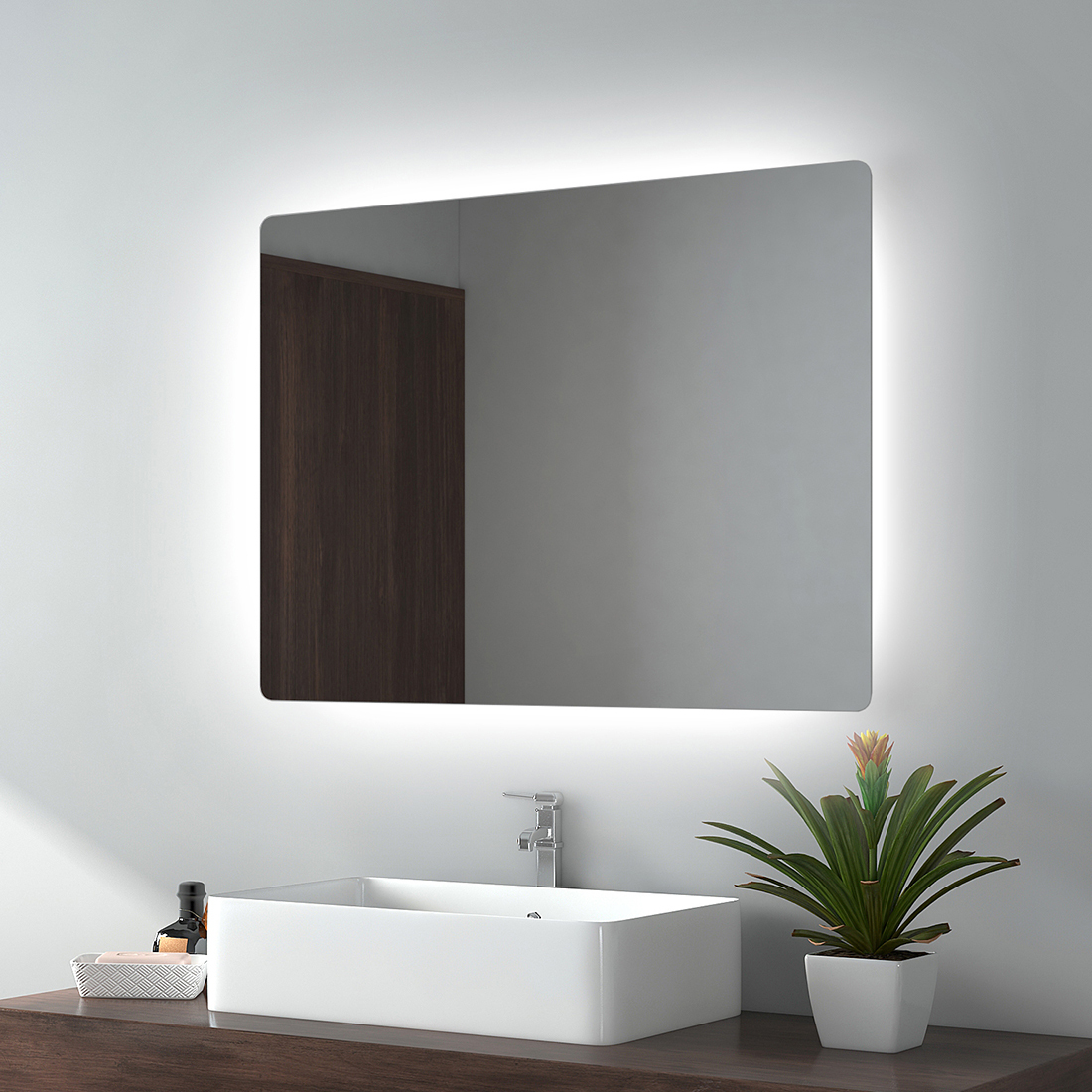 EMKE Lustro łazienkowe LED 80x60cm Lustro łazienkowe z oświetleniem Zimne białe światło Lustro ścienne Lustro do makijażu IP44 Energooszczędne podświetlane lustro