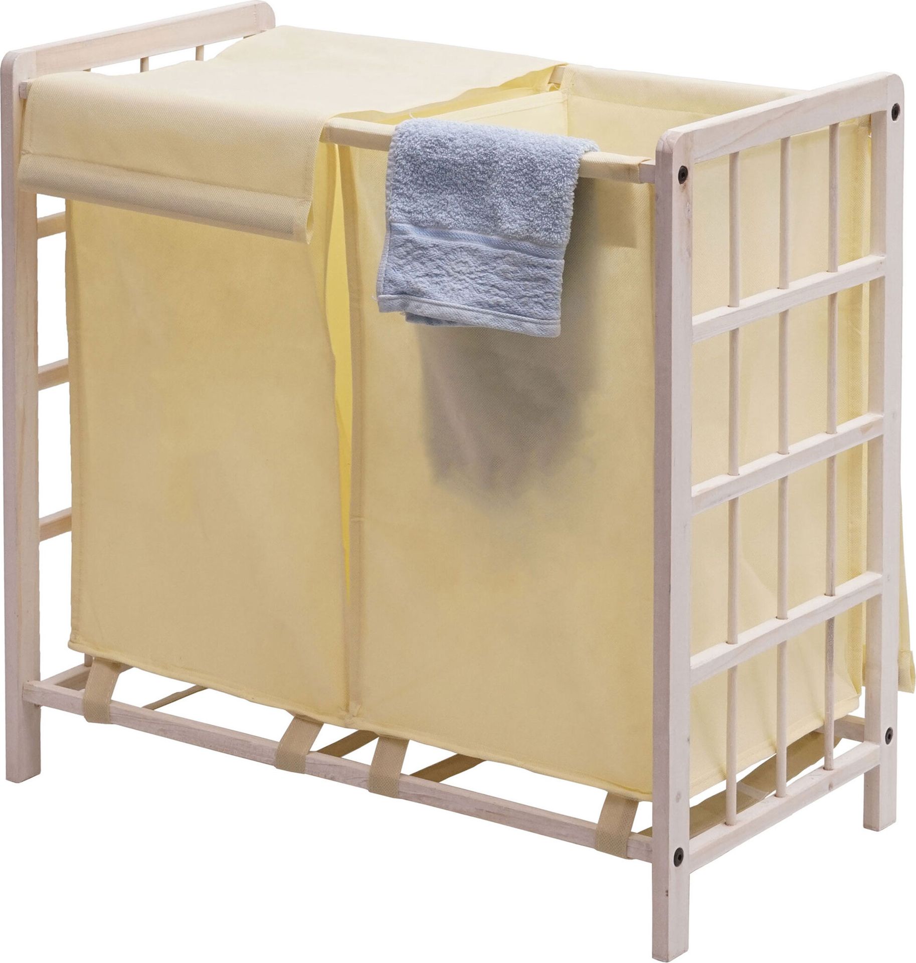Kosz na pranie HWC-B60, kosz na pranie z litego drewna 2 komory 60x60x33cm 68l ~ shabby white, pokrywa kremowa