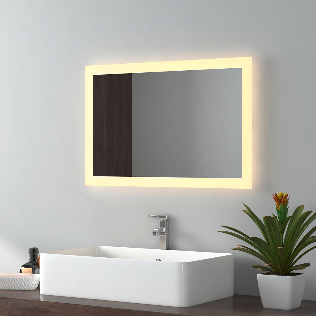 Lustro łazienkowe EMKE LED z zimnym białym oświetleniem 60x40cm, lustro łazienkowe - energooszczędne (IP44)