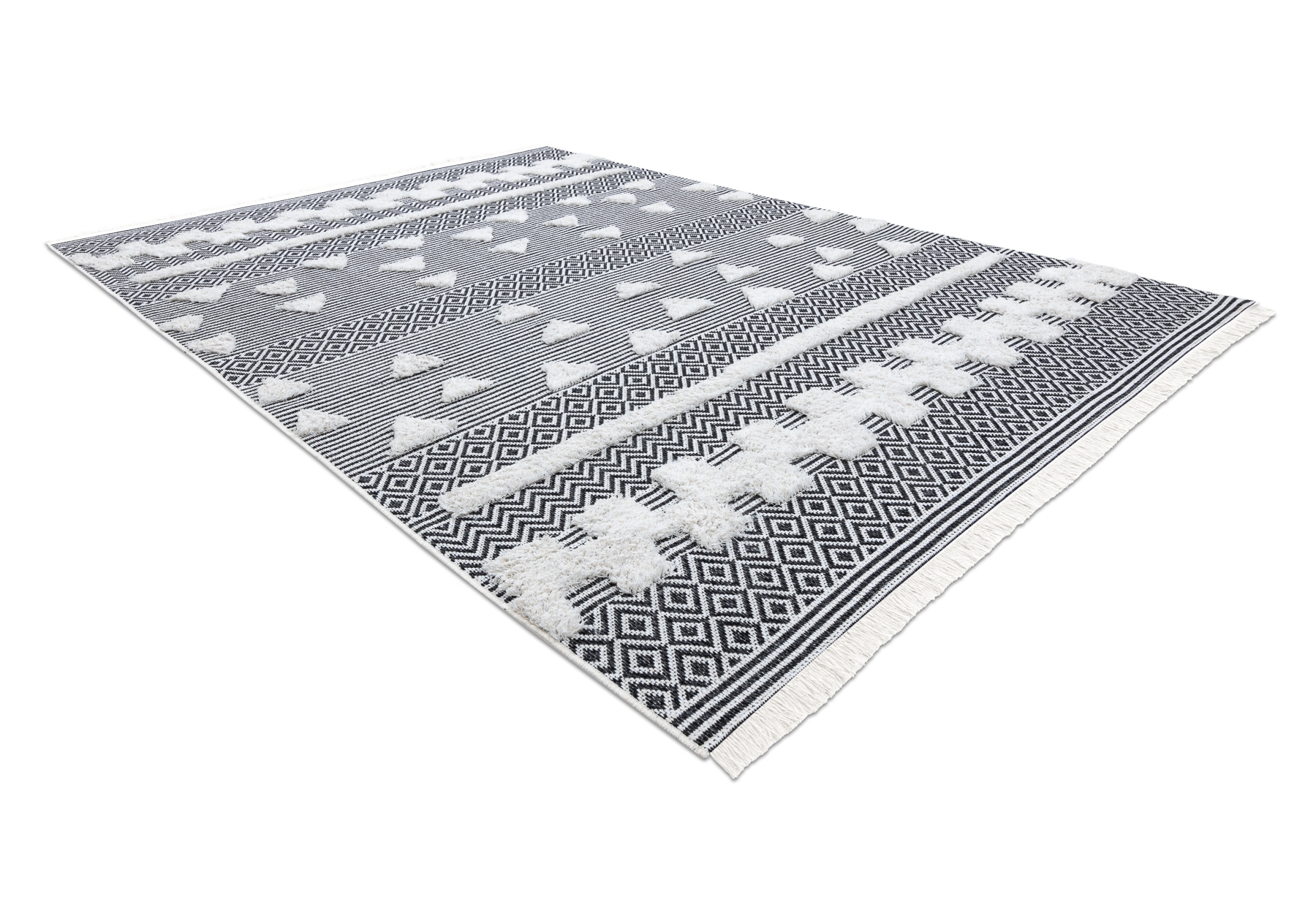 Dywan MOROC Geometryczny 22321 Ekologiczny, EKO SIZAL frędzle - dwa poziomy runa krem / szary, dywan z bawełny recyklingowanej beżowy 117x170 cm