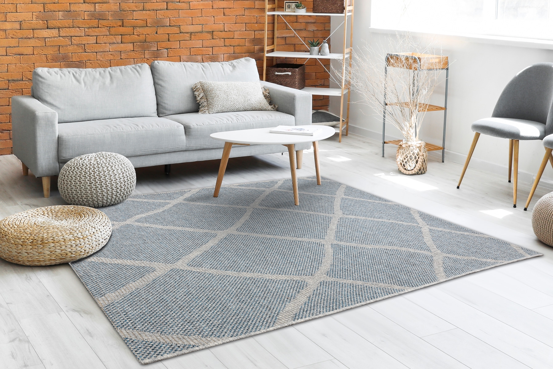 Dywan HOUSE SZNURKOWY SIZAL 40345 Kratka, płaskie tkanie, efekt wełny szary / niebieski 80x150 cm
