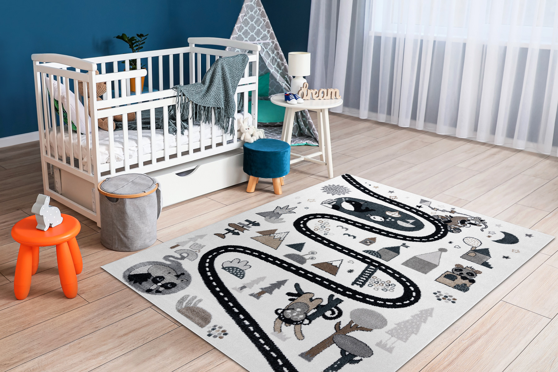 Dywan FUN Route dla dzieci, ulica, zwierzęta krem biały 180x270 cm