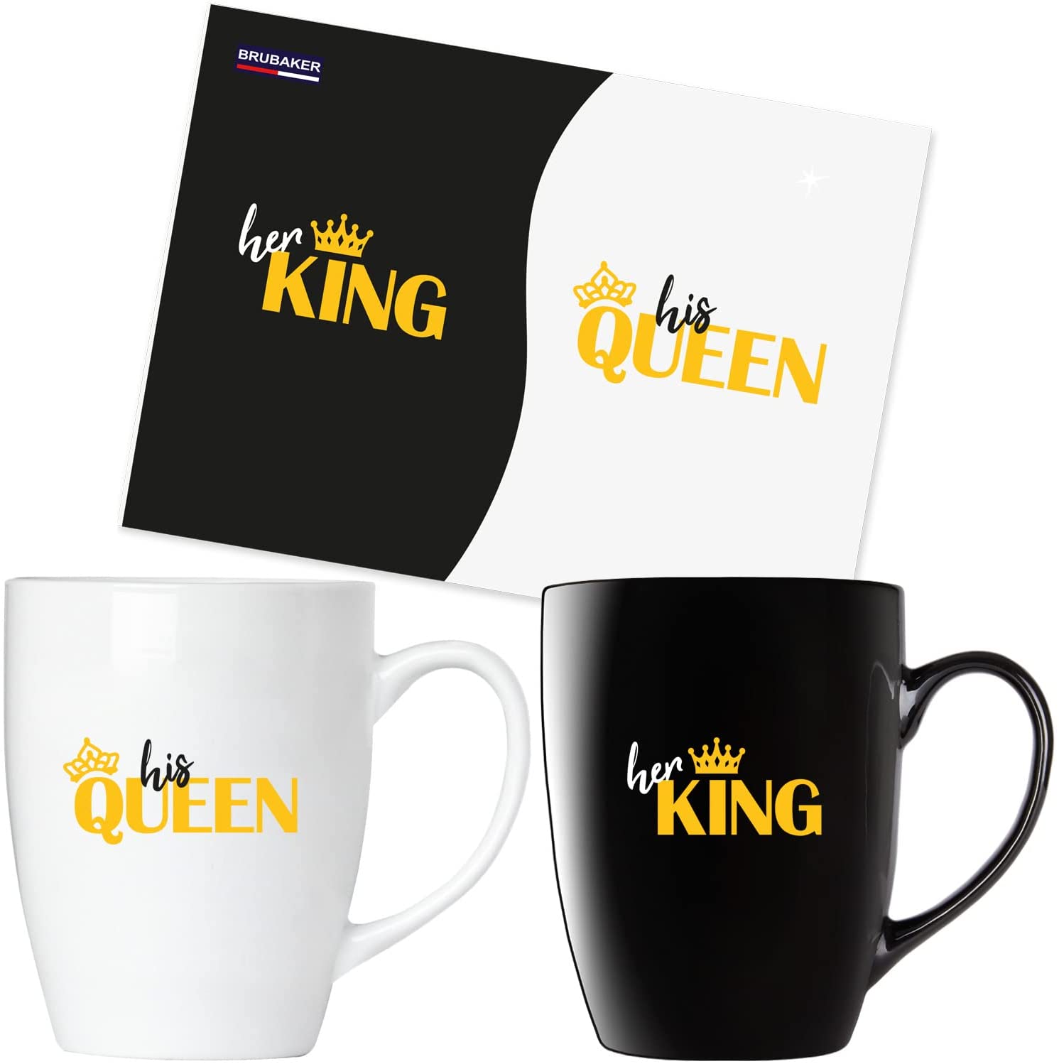 BRUBAKER Kubki do kawy Her King & His Queen z kartką z życzeniami - Kubek do kawy dla pary czarno-biały - Zestaw upominkowy kubków 300 ml - Zestaw kubków w pudełku upominkowym na Walentynki, ślub i Boże Narodzenie