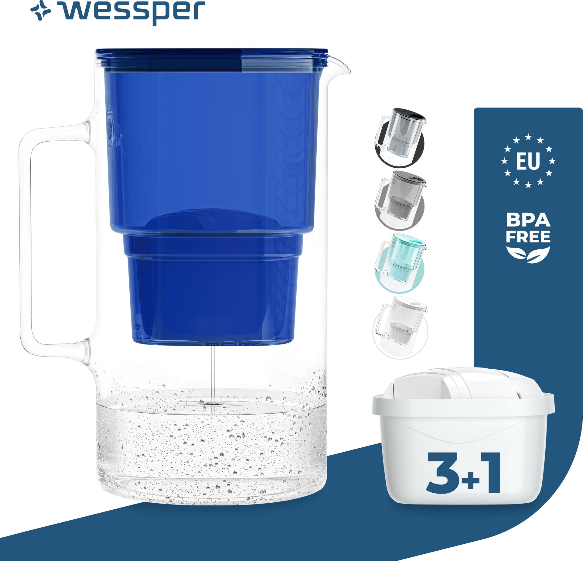 Wessper szklany dzbanek filtrujący 3 l Kompatybilny z wkładami filtrującymi Brita, w tym 4 wkłady filtrujące, niebieski