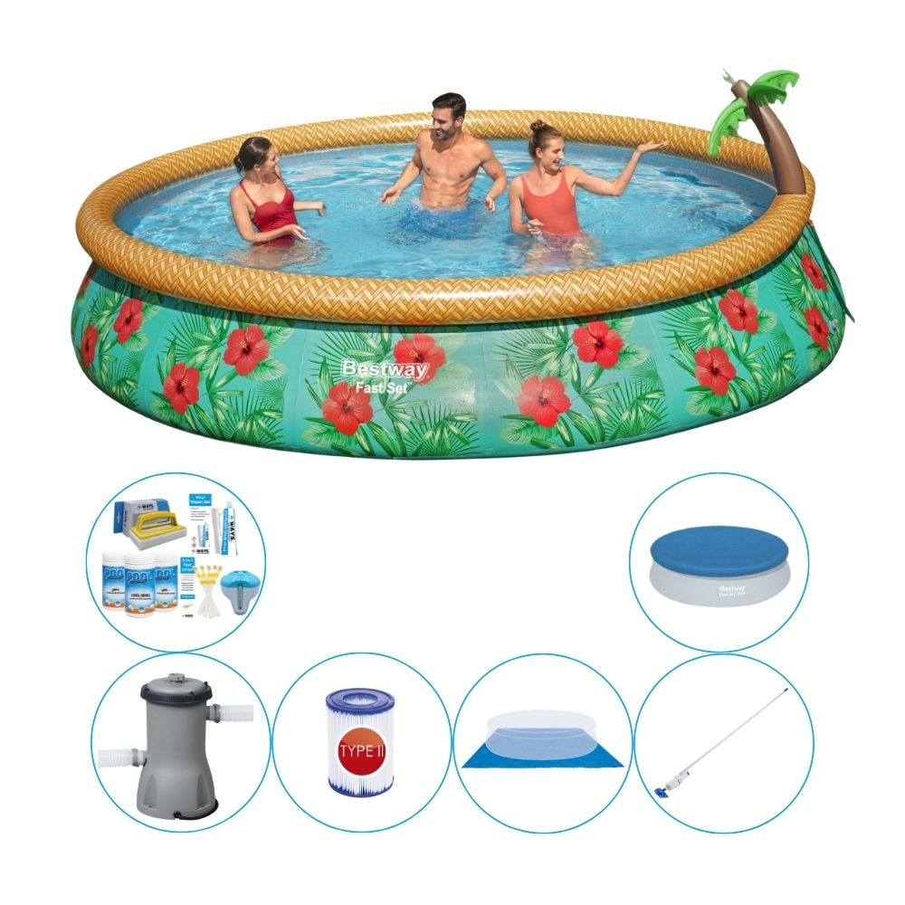 Zestaw basenowy - Bestway Fast Set 457x84 cm okrągły - Tropikalne kwiaty