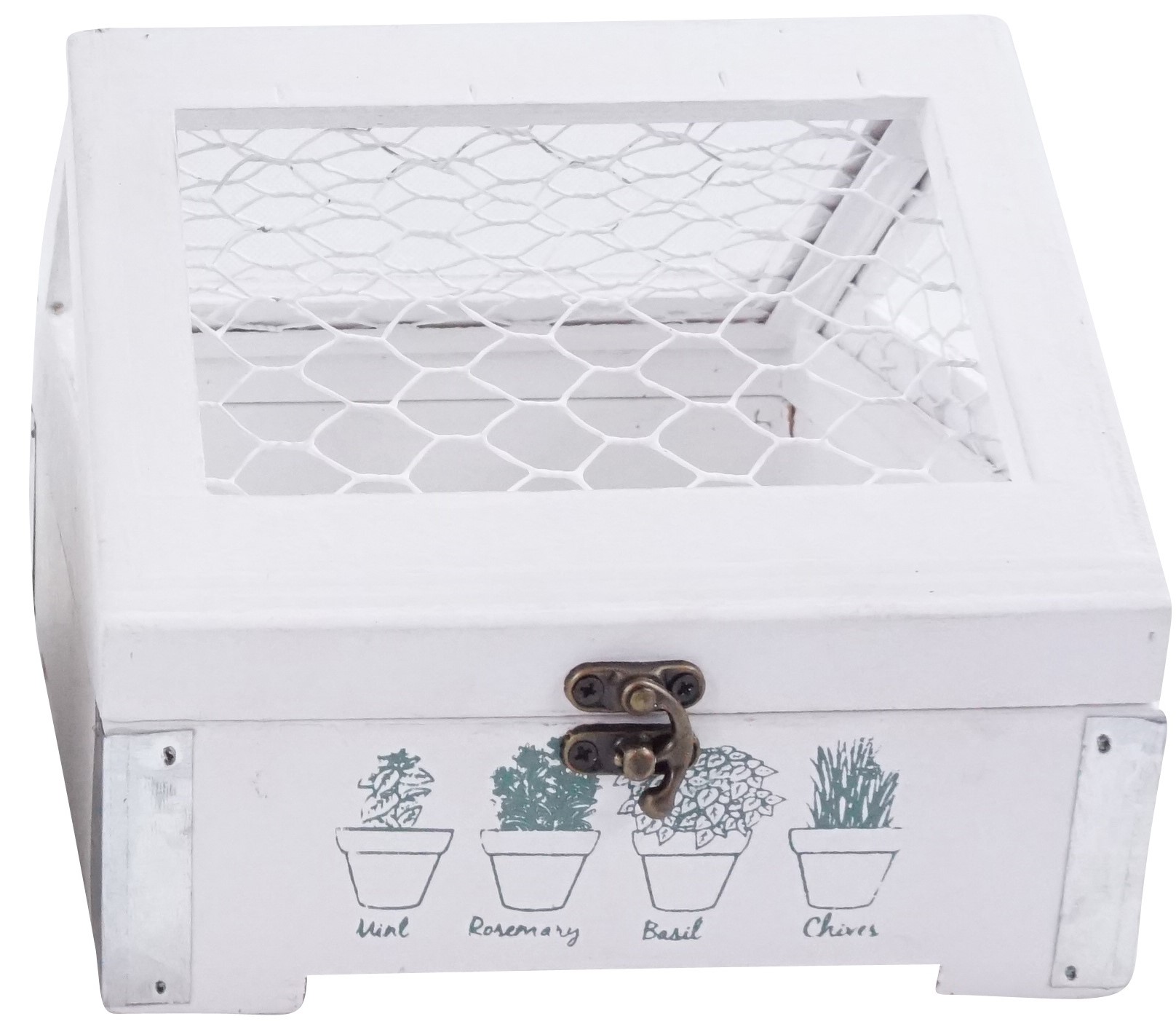 HOFF-Interieur 6253-S Szklarnia Zioła Drewno + drut biały używany wygląd Chabby Chic ok. 18x18x15,5cm Miniaturowe Deco Rośliny Przechowywanie Zioła Kuchnia (1