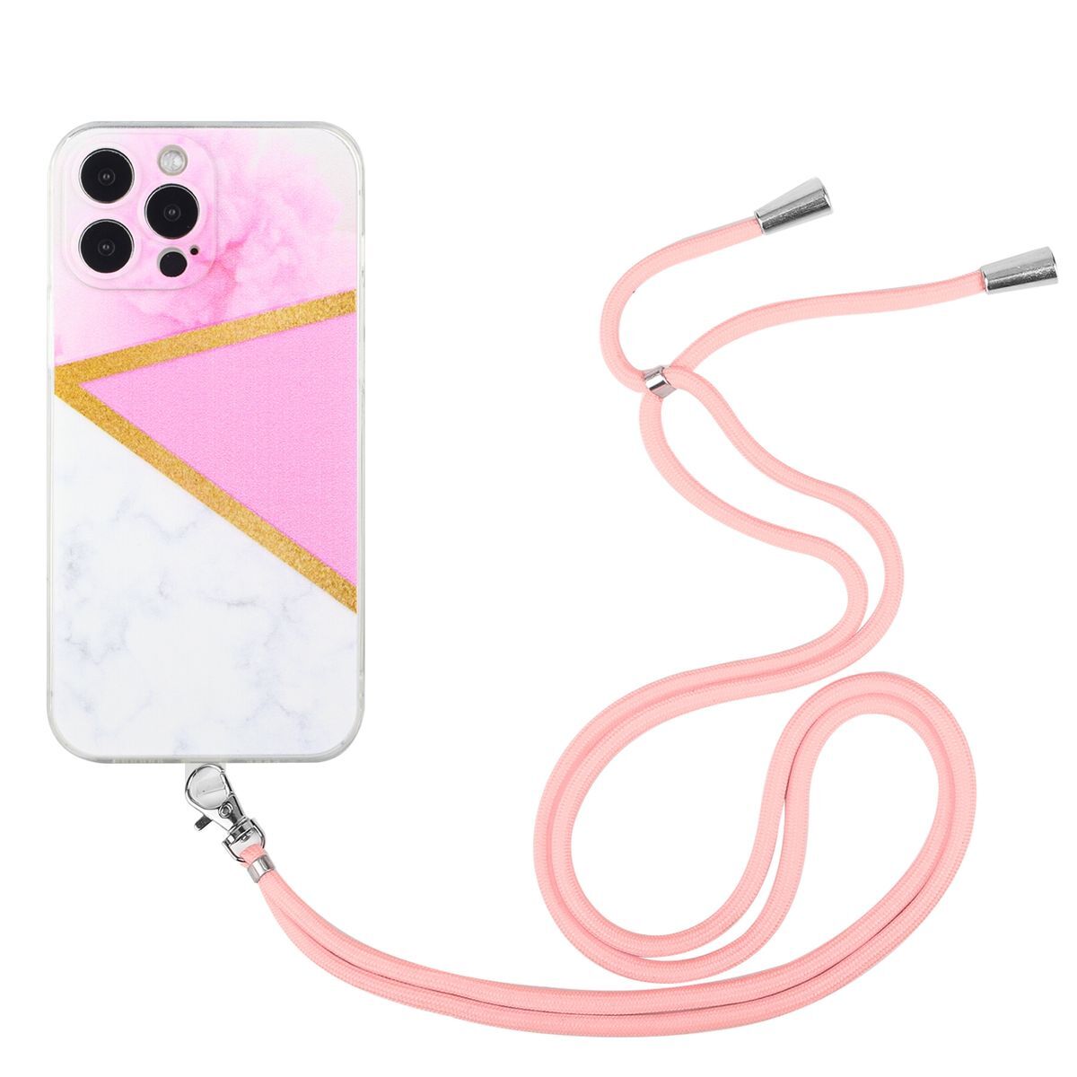 König Design Etui kompatybilne z Apple iPhone 12 Pro Plastikowe etui na telefon komórkowy z łańcuszkiem - Etui na telefon komórkowy Pink Marble