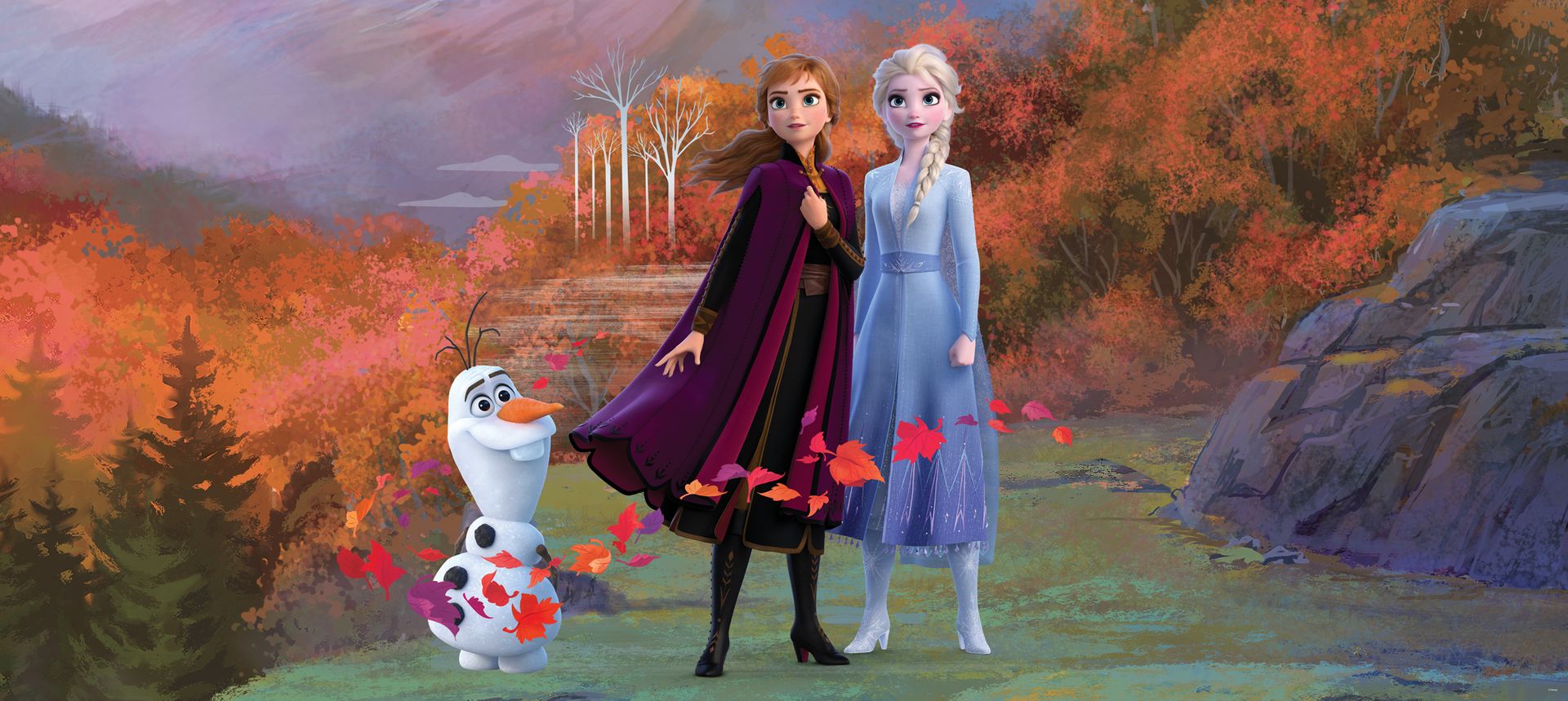 Disney plakat Kraina lodu Anna i Elsa niebieskim,fioletowymIpomarańczowym - 600906 - 202 x 90 cm