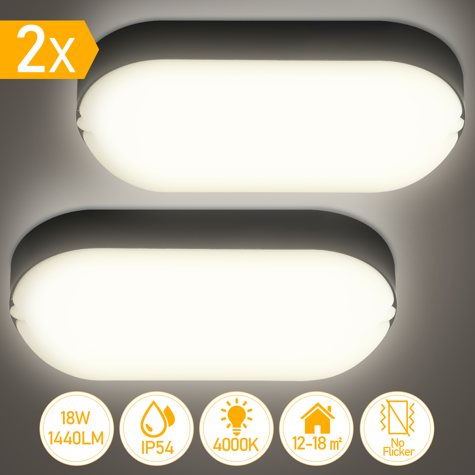 Fiqops 2x 15W LED Odporna na wilgoć lampa sufitowa PC+PBT IP54 Biała Owalna lampa łazienkowa Lampa biurowa