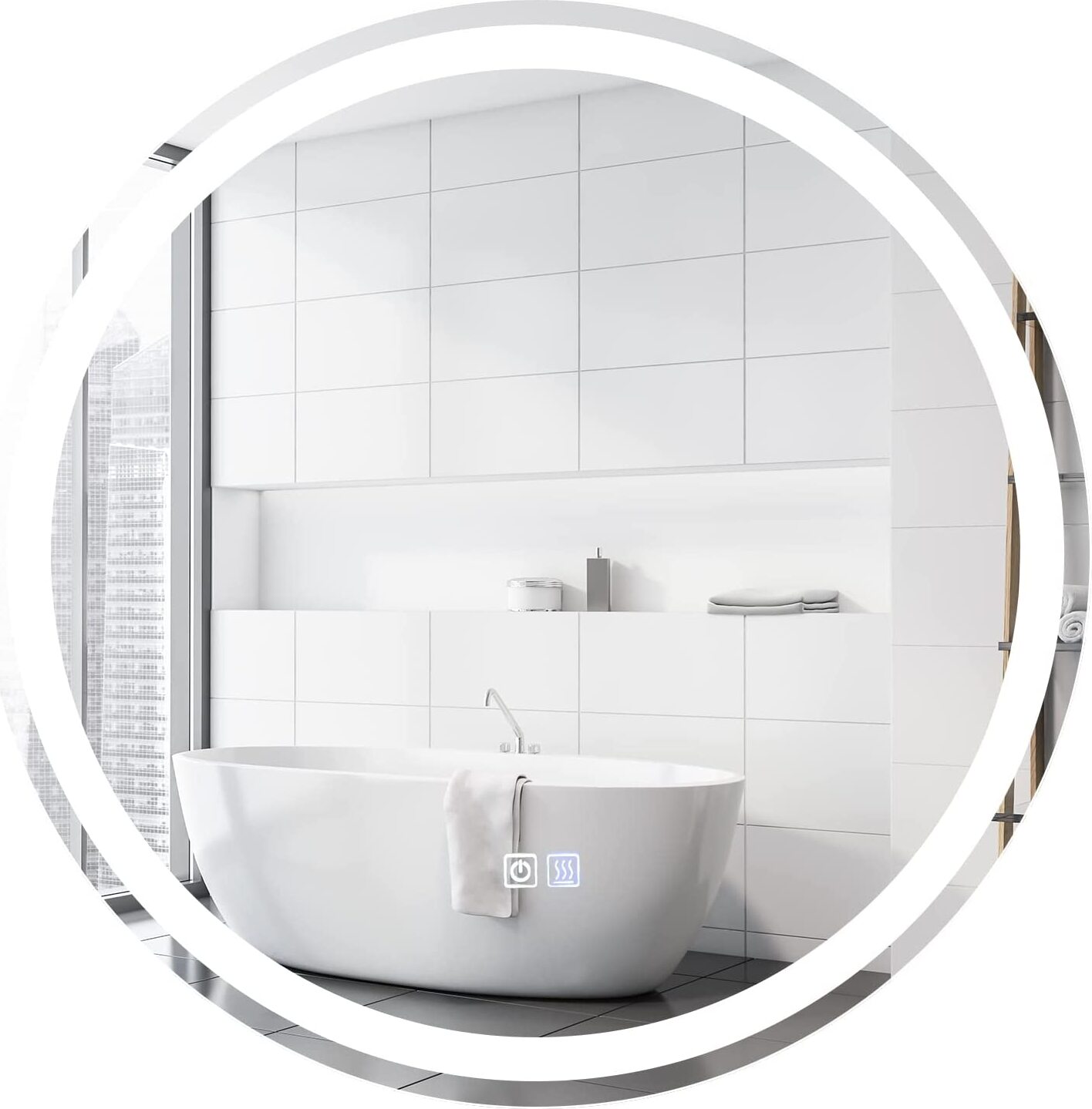 COSTWAY Lustro LED z ogrzewaniem przeciwmgielnym, ściemniane lustro łazienkowe, lustro ścienne 3000K-6000K (Ø 60 cm)