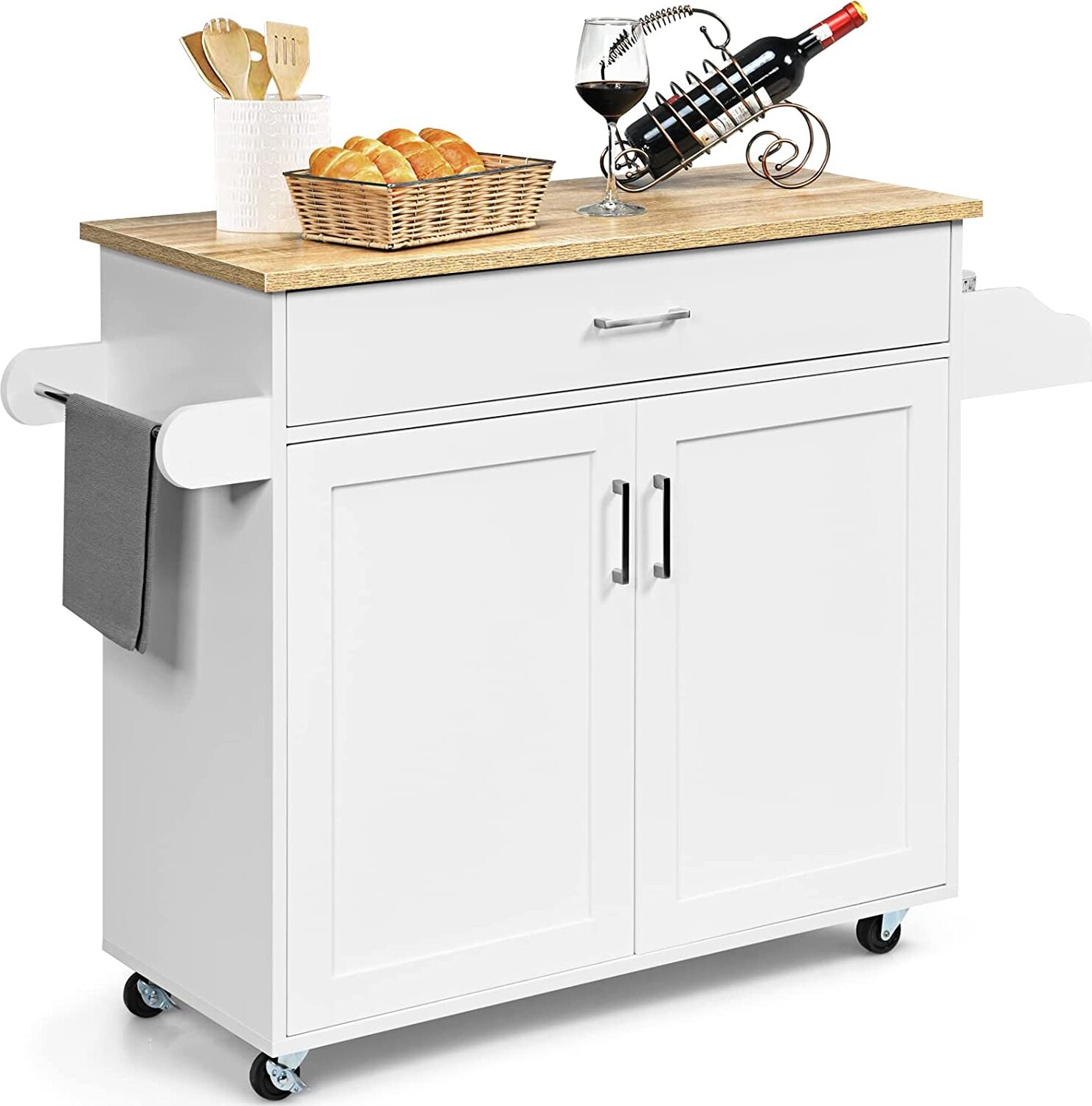 Wózek kuchenny z blatem, wyspa kuchenna, szafka kuchenna z wieszakiem na ręczniki i przyprawy, duża szuflada i regulowana półka, drewniany wózek do serwowania na kółkach (biały)