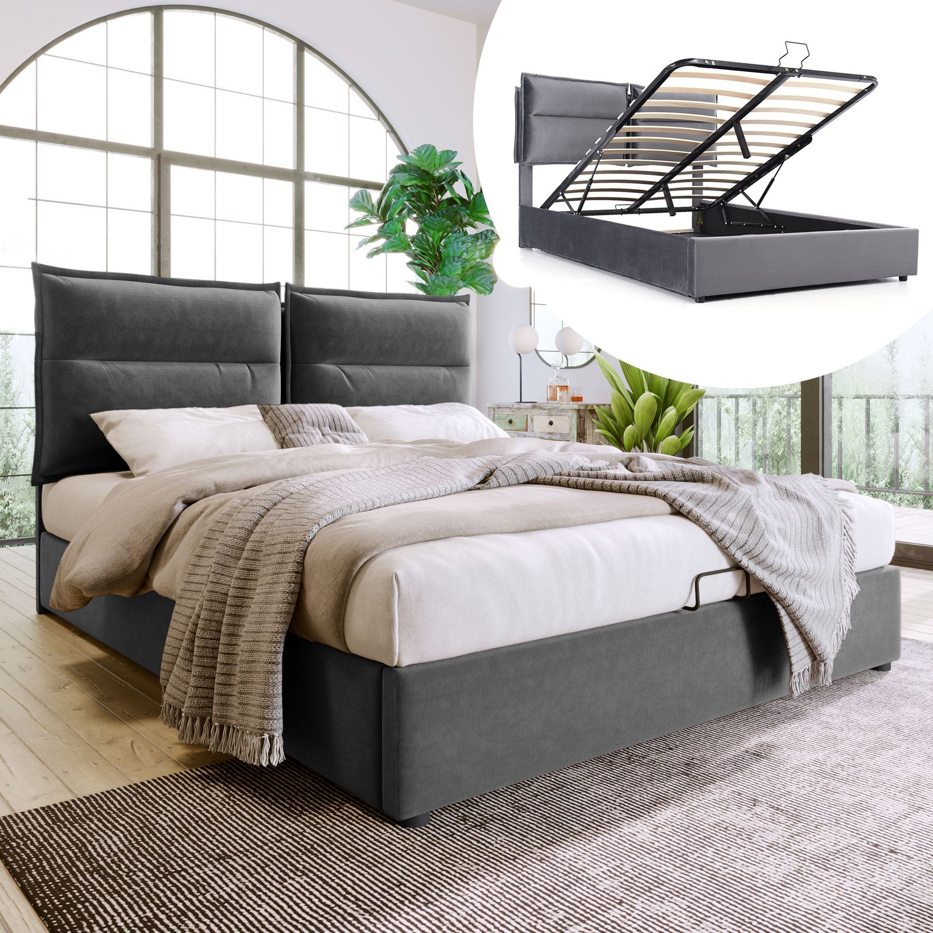 Łóżko tapicerowane Flieks Łóżko na sprężynach hydraulicznych 140x200 cm, aksamitne łóżko podwójne z podstawą łóżka, stelażem z listew i schowkiem