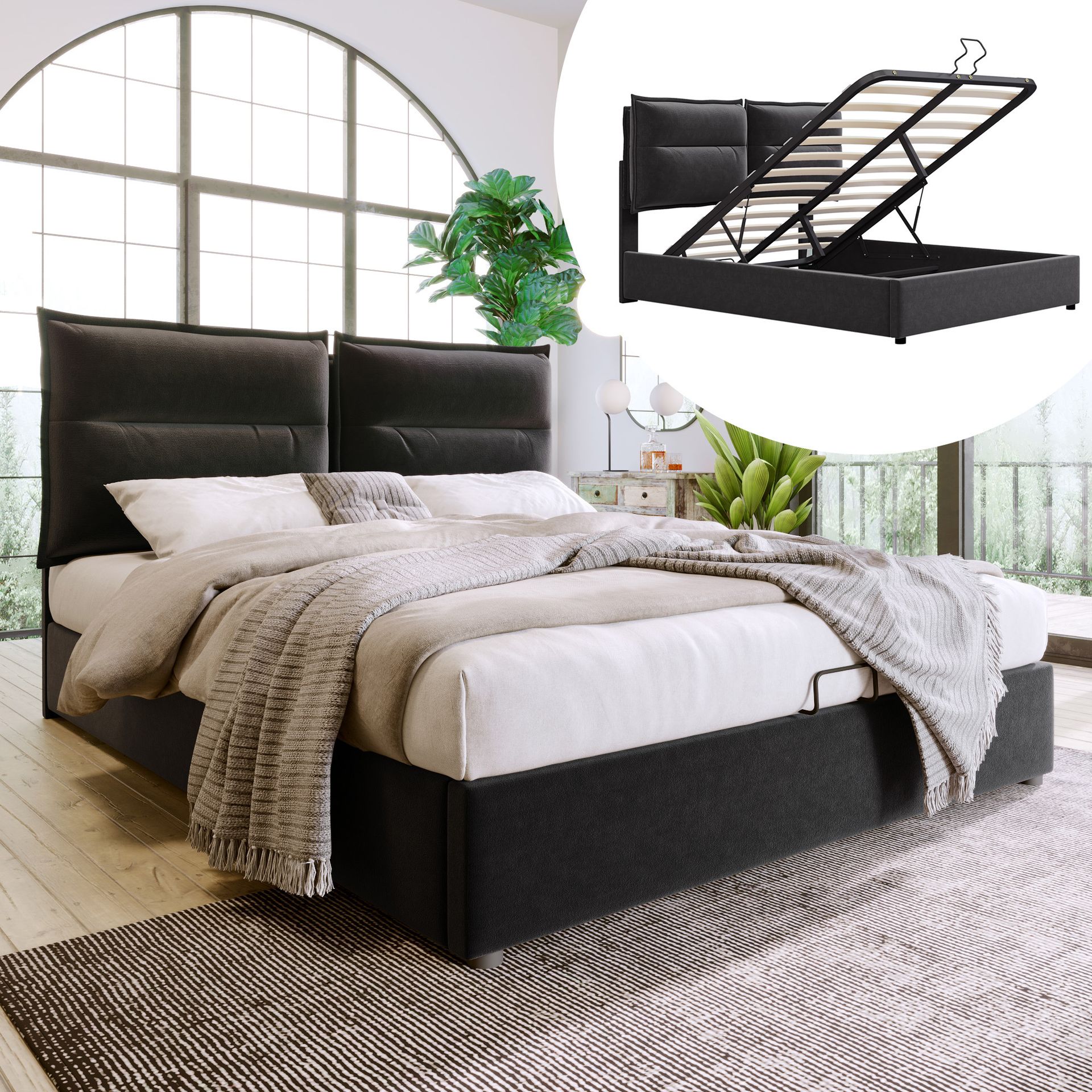Łóżko tapicerowane Flieks 140x200cm ze stelażem listwowym, łóżko na sprężynach hydraulicznych z podstawą łóżka i schowkiem, łóżko do przechowywania aksamitne łóżko podwójne łóżko młodzieżowe
