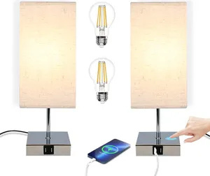 ZMH zestaw 2 lampek nocnych lampa stołowa ściemniana dotykowo USB vintage lampa stołowa z funkcją ładowania E27 ładowalna lampka nocna w kolorze ciepłej bieli z kloszem z tkaniny lampa biurkowa do salonu sypialnia