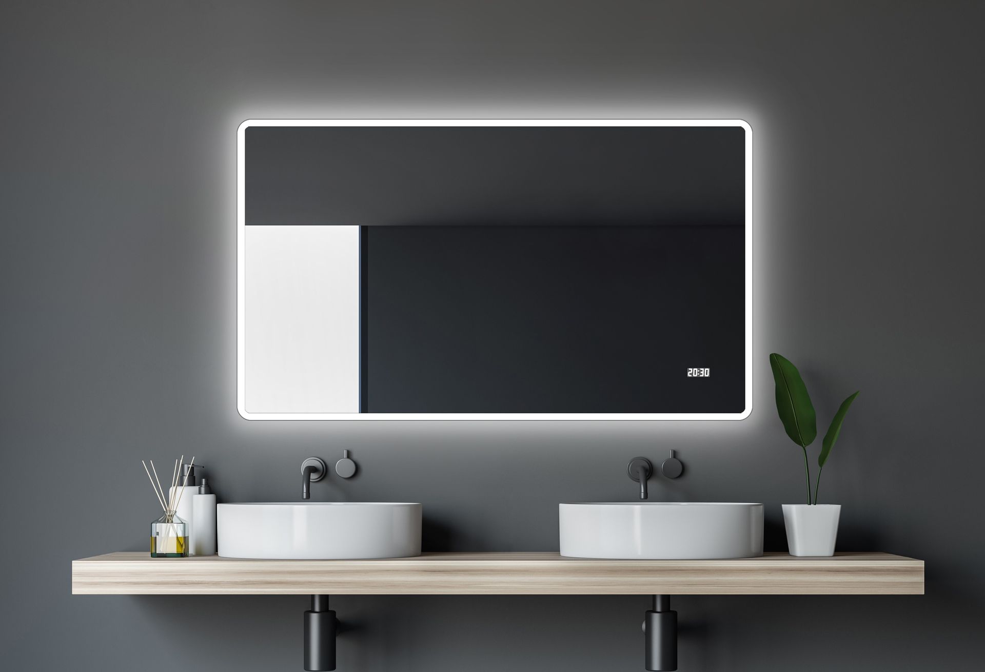 Lustro łazienkowe z oświetleniem i zegarem cyfrowym Talos Sun 120 x 70 cm - wysokiej jakości aluminiowa rama z przełącznikiem - podświetlane lustro z neutralnym białym światłem - lustro łazienkowe