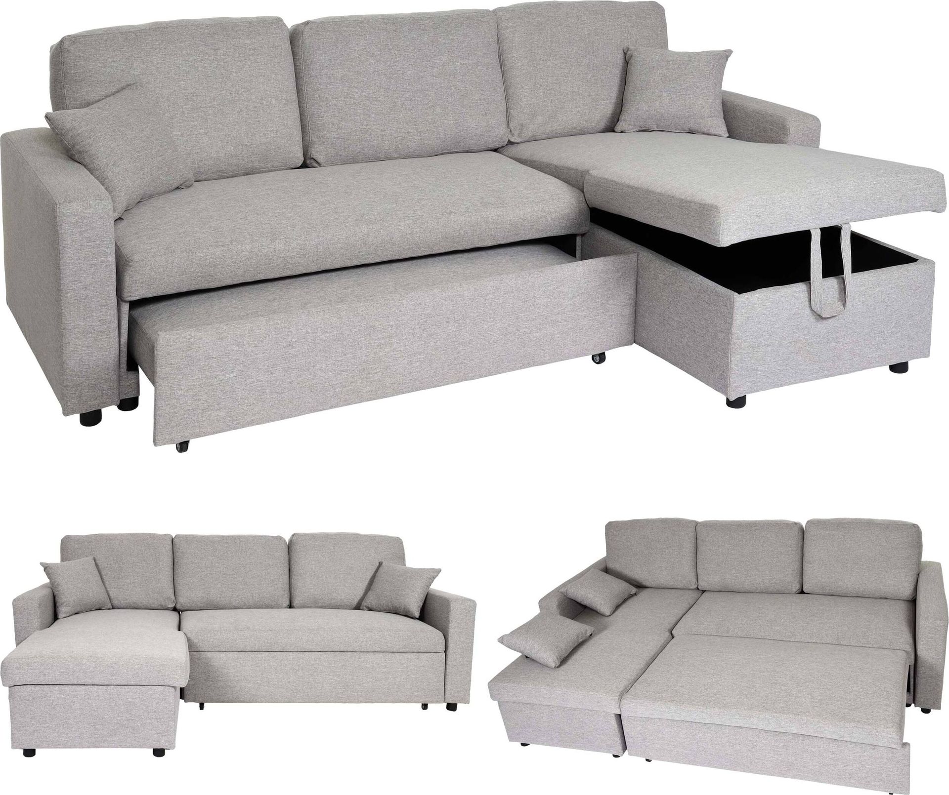 Sofa narożna z pojemnikiem na pościel HWC-L17, sofa w kształcie litery L, rozkładana powierzchnia Nosag zawieszenie sprężynowe 228cm ~ szary