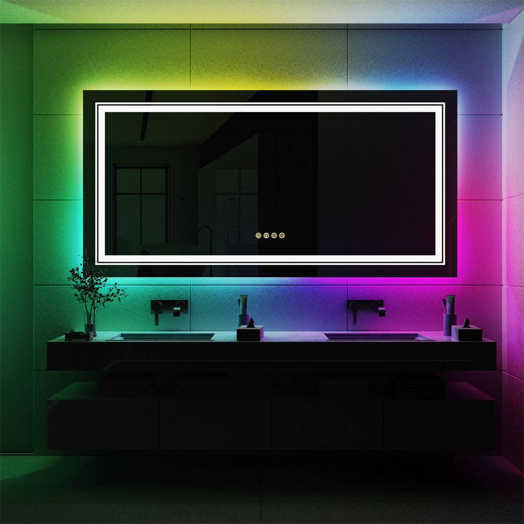 WISFOR Lustro łazienkowe LED 120×60 cm lustro ścienne lustro łazienkowe z oświetleniem do makijażu w sypialni, kolorowe lustro łazienkowe Led, ściemniane bez mgły z przełącznikiem dotykowym