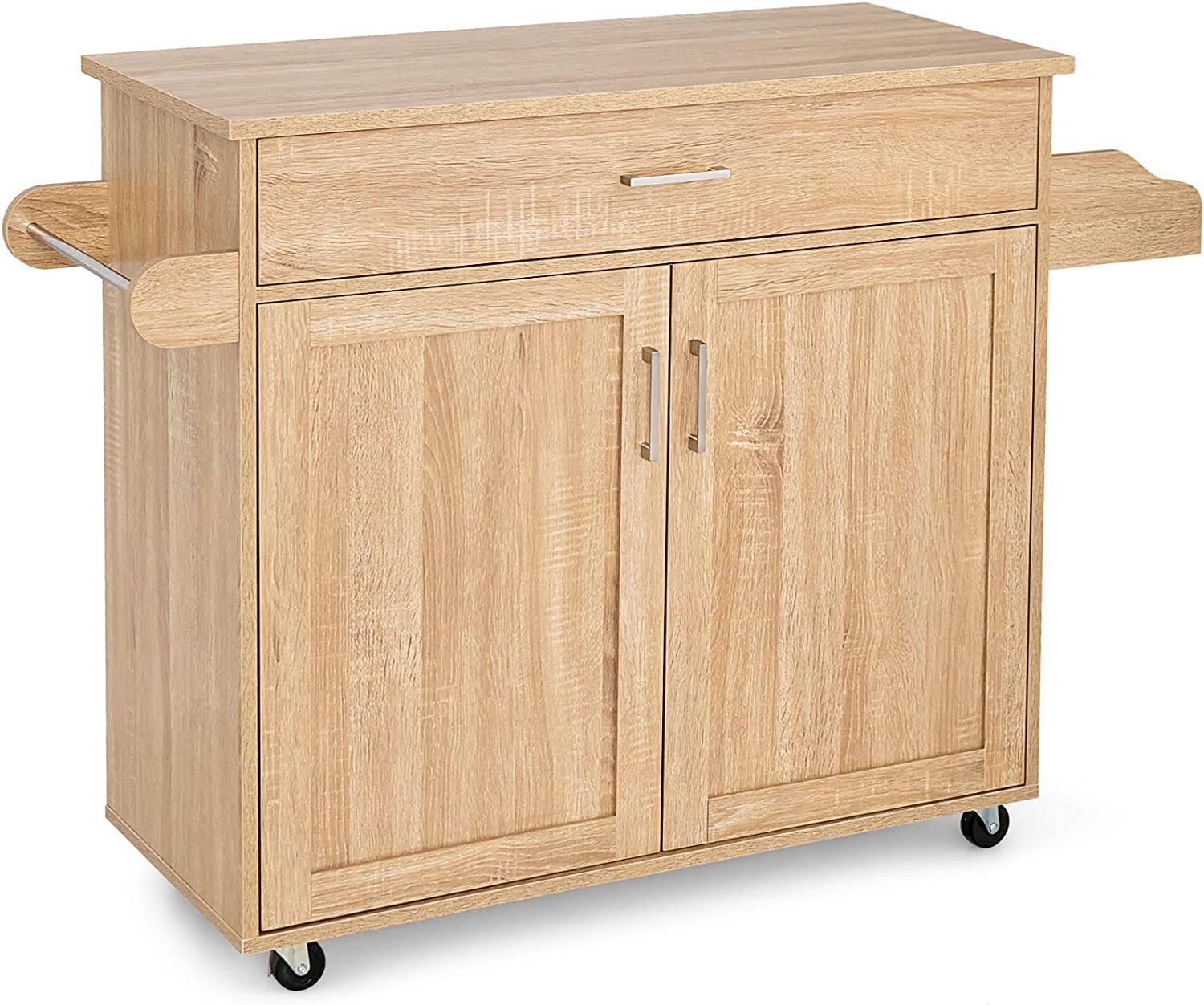 Wózek kuchenny, kredens z szufladą, podwójnymi drzwiczkami, wieszakiem na przyprawy i ręczniki, regulowane półki, kółka z hamulcami, nośność 80 kg, 116 x 40 x 85 cm, 4 kolory (naturalny)