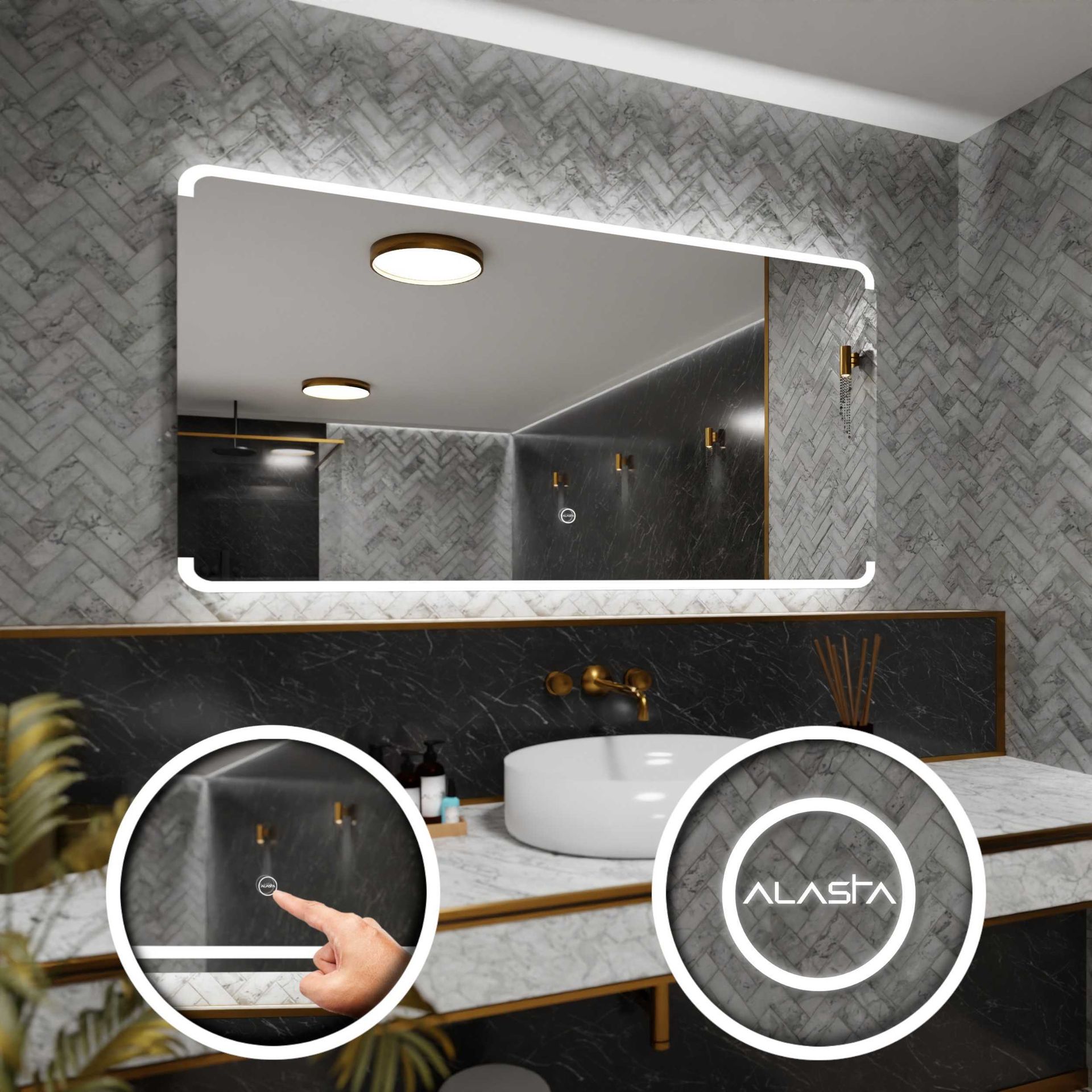 Prostokątne lustro łazienkowe z podświetleniem LED i włącznikiem dotykowym - Assen - 100 x 80cm