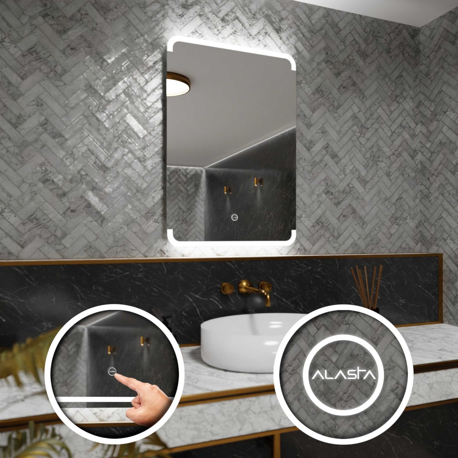 Prostokątne lustro łazienkowe z podświetleniem LED i włącznikiem dotykowym - Assen - 80 x 90cm