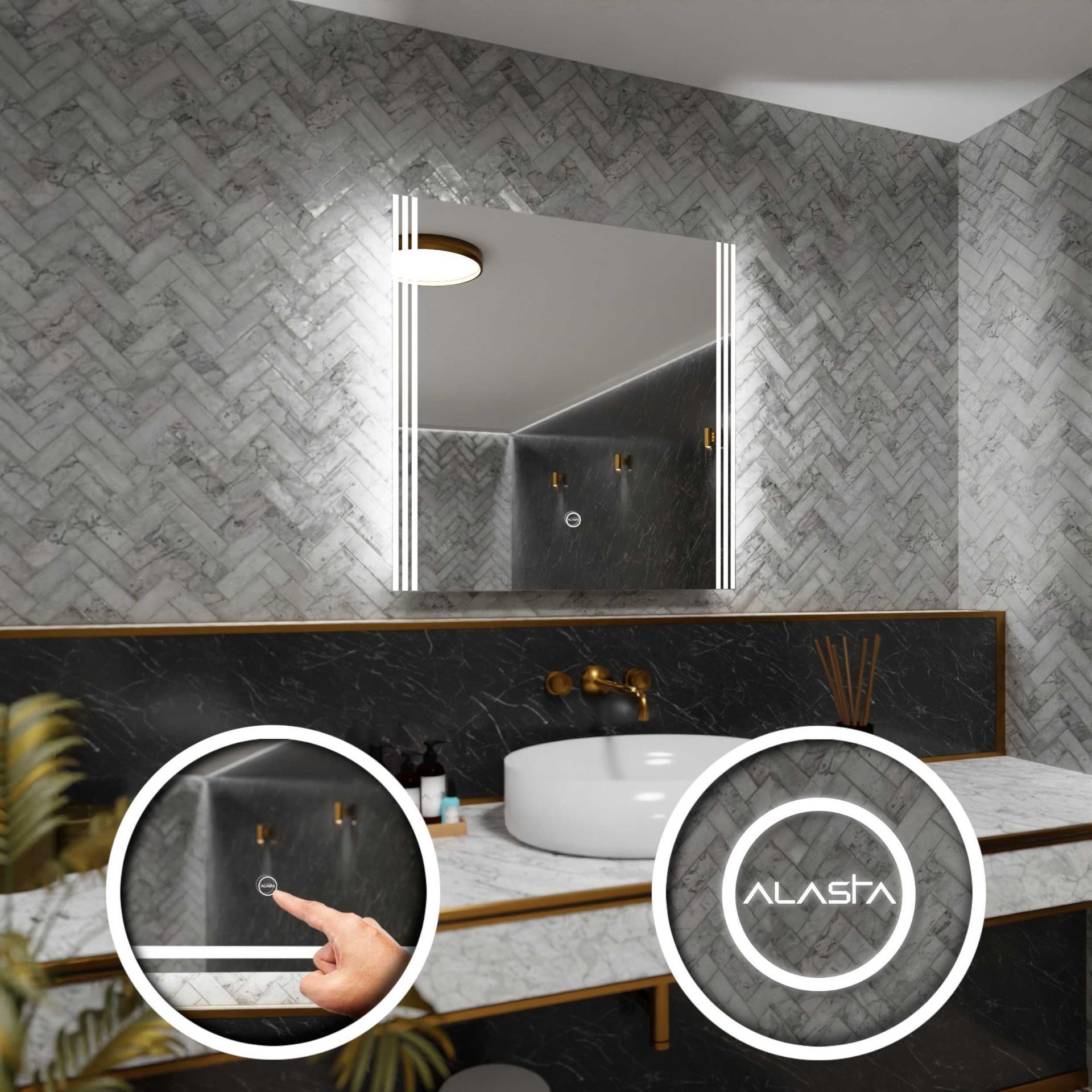 Prostokątne lustro łazienkowe z podświetleniem LED i włącznikiem dotykowym - Arica - 90 x 90cm