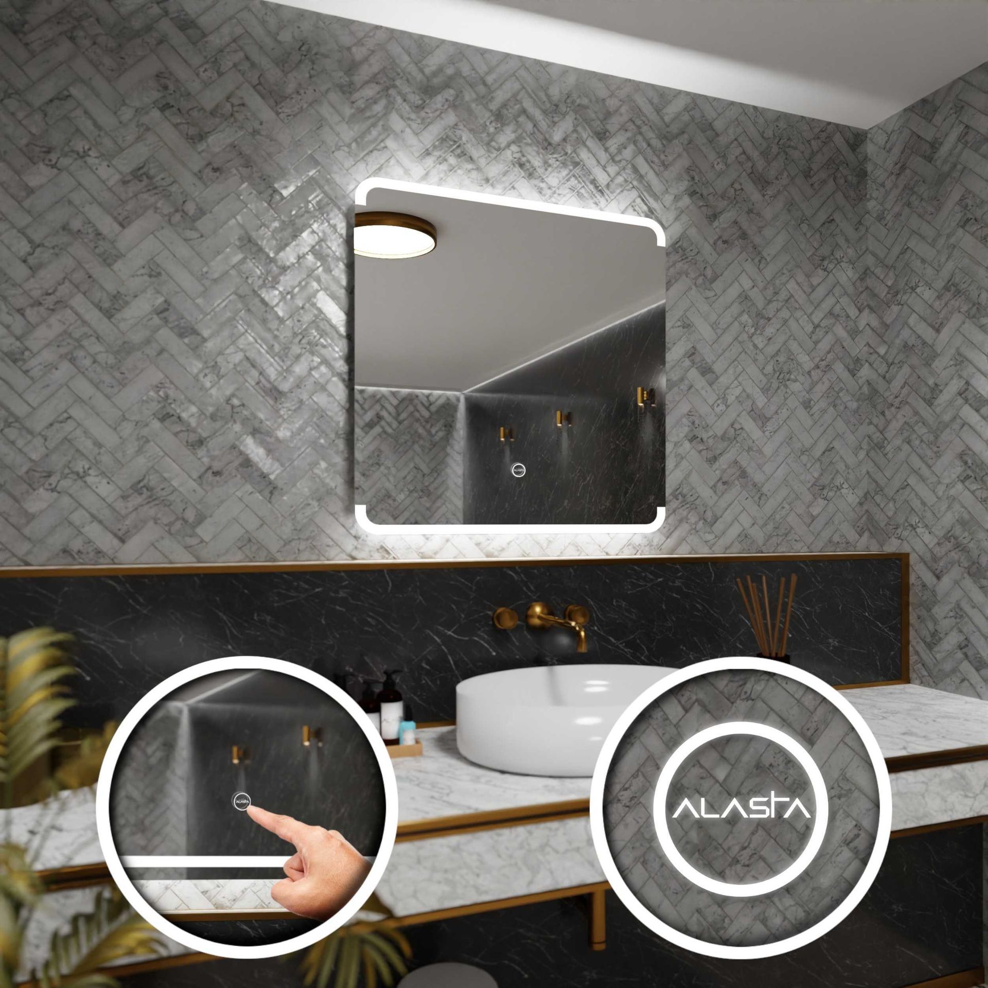 Prostokątne lustro łazienkowe z podświetleniem LED i włącznikiem dotykowym - Assen - 90 x 90cm