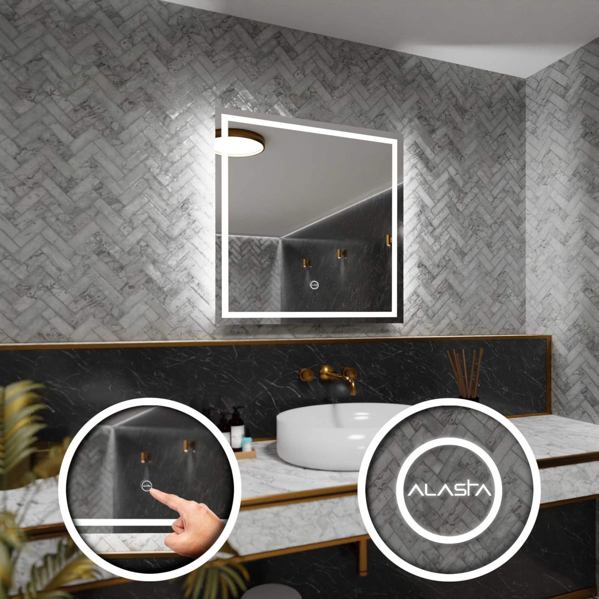 Prostokątne lustro łazienkowe z podświetleniem LED i włącznikiem dotykowym - Atlanta - 70 x 70cm