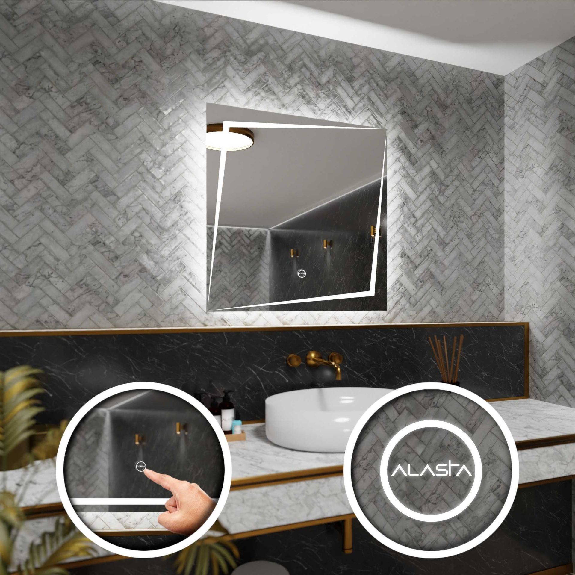 Prostokątne lustro łazienkowe z podświetleniem LED i włącznikiem dotykowym - Berlin - 60 x 60cm