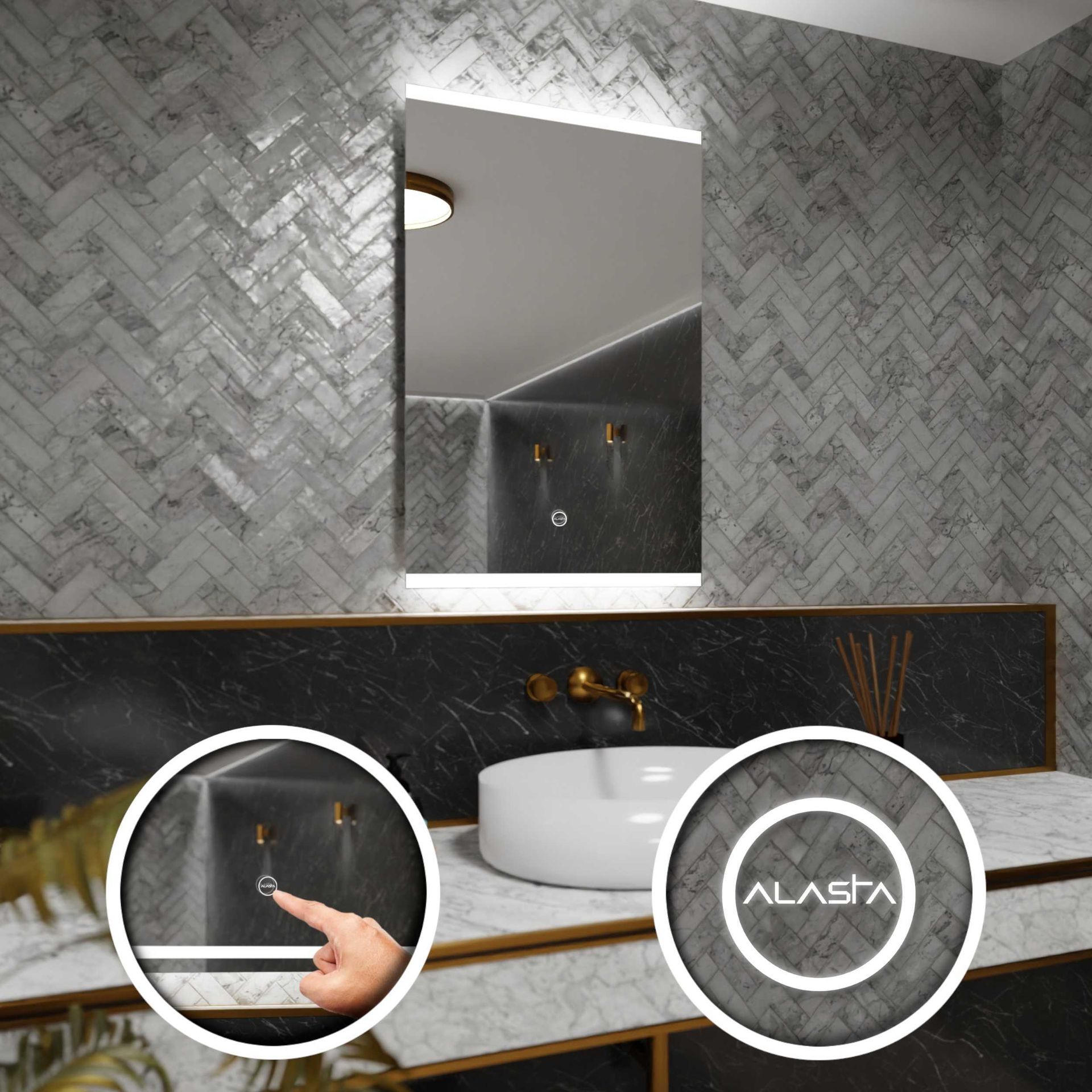 Prostokątne lustro łazienkowe z podświetleniem LED i włącznikiem dotykowym - Brasil - 70 x 80cm