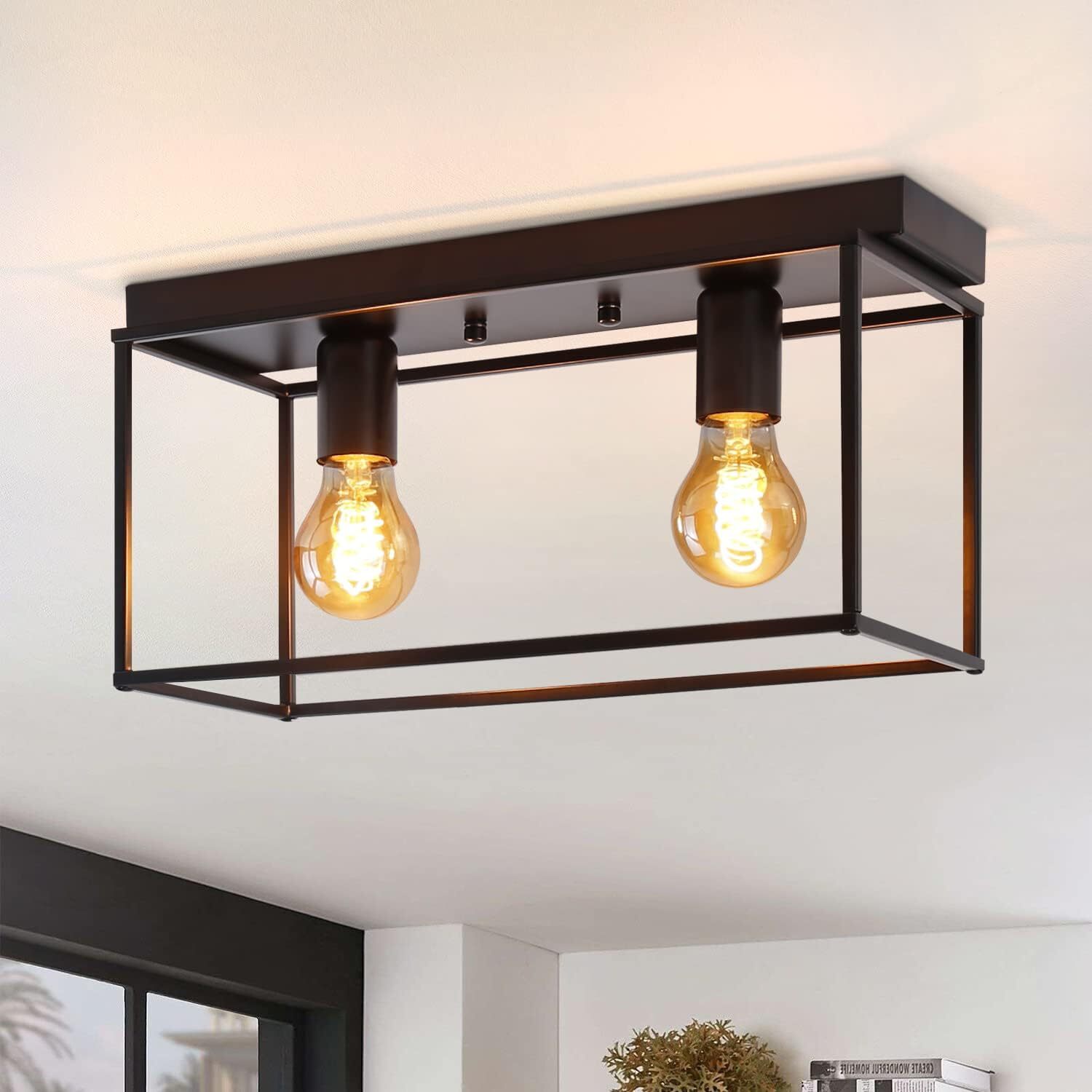 ZMH lampa sufitowa do salonu czarna vintage E27 lampa sufitowa retro industrialna lampa metalowa z 2 płomieniami oświetlenie sufitowe do sypialni przedpokoju kuchni jadalni