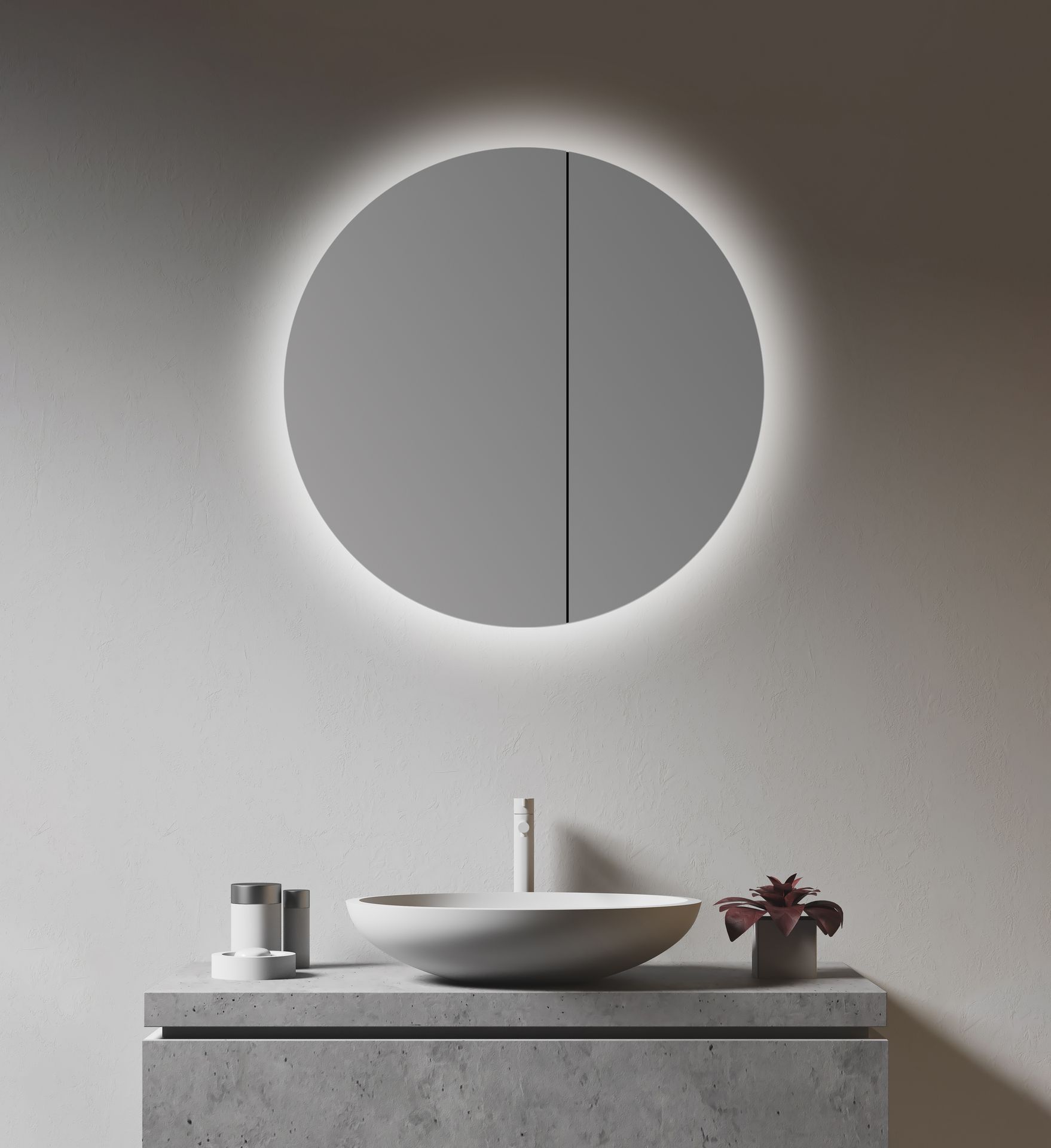 Szafka z lustrem Talos LED okrągła Ø 60 cm - szafka z lustrem z oświetleniem - wysokiej jakości aluminiowy korpus - jasne lustro w neutralnym białym kolorze - szafka łazienkowa z lustrem z podwójnymi drzwiami - szafka łazienkowa z lustrem z dwiema szklanymi półkami