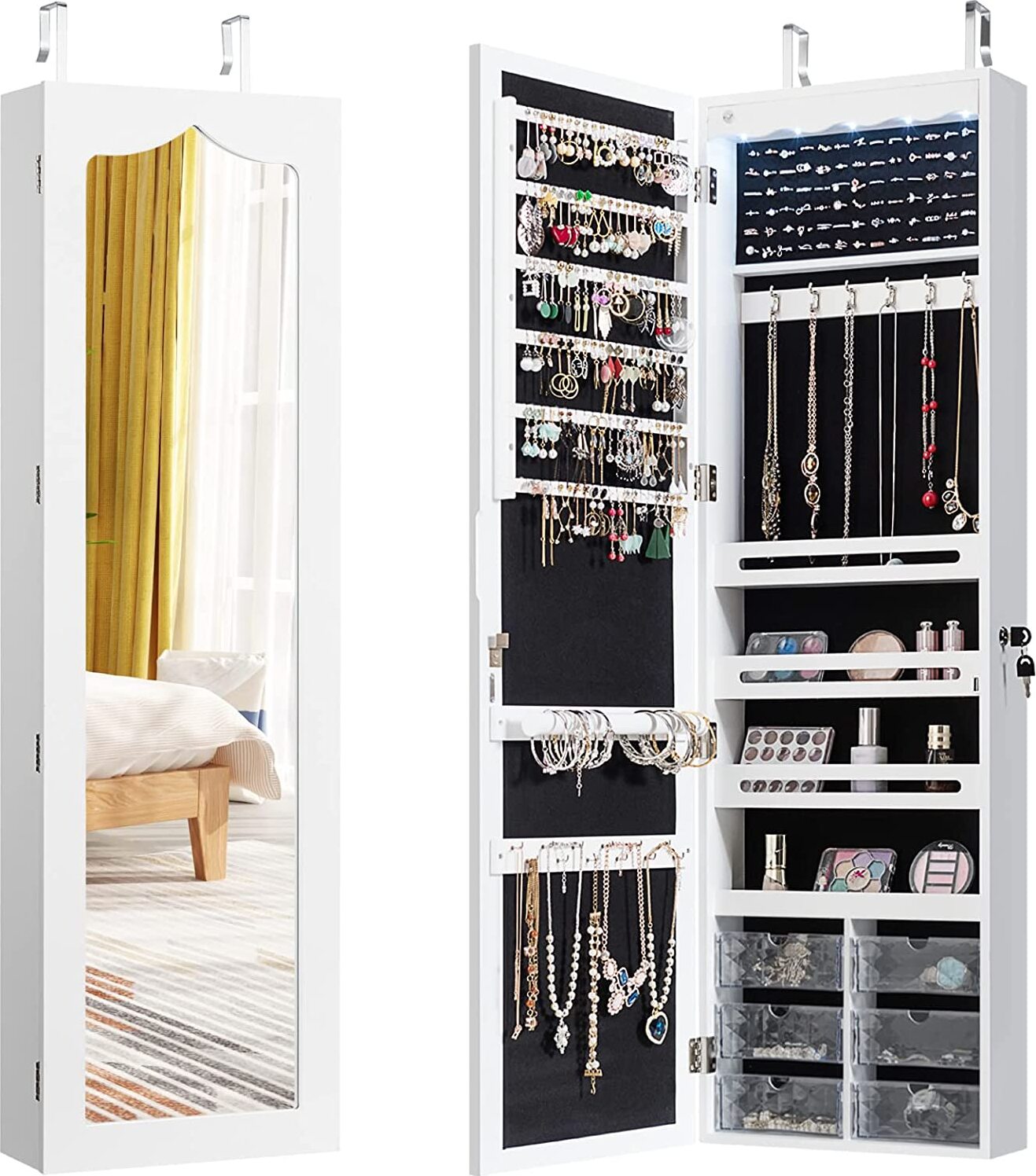 Szafka na biżuterię LED COSTWAY, szafka wisząca, stojak na biżuterię z pełnowymiarowym lustrem, szafka na biżuterię montowana na ścianie i drzwiach, zamykana szafka na biżuterię do przechowywania biżuterii i kosmetyków, biała