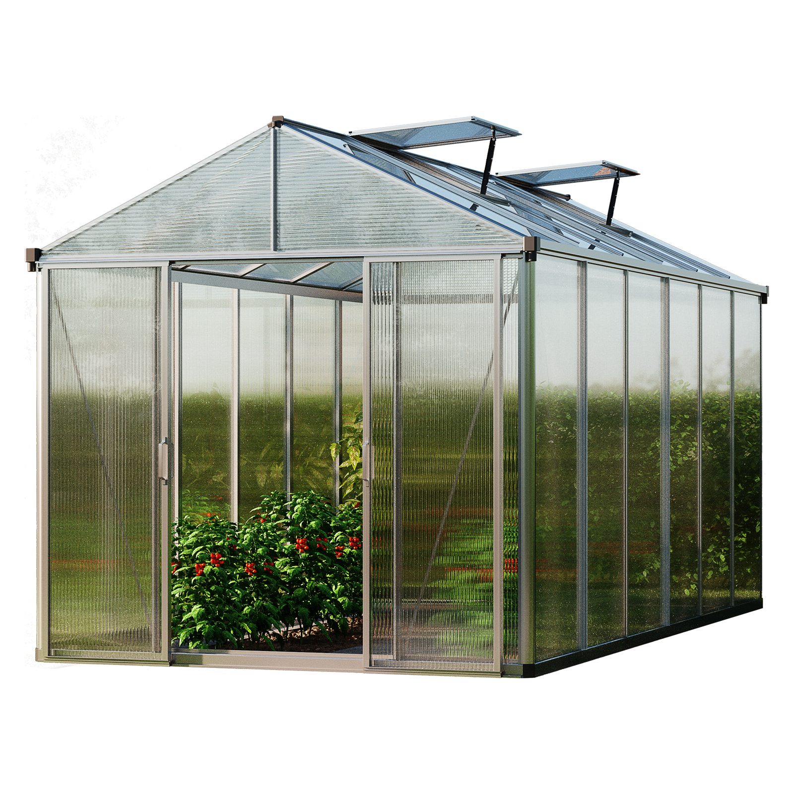 GFP szklarnia TITAN 24 rama aluminiowa 222x437 cm - grube panele poliwęglanowe ok. 10 mm - w tym dodatkowe okna i aut. mechanizmy otwierania okien i stoły składane