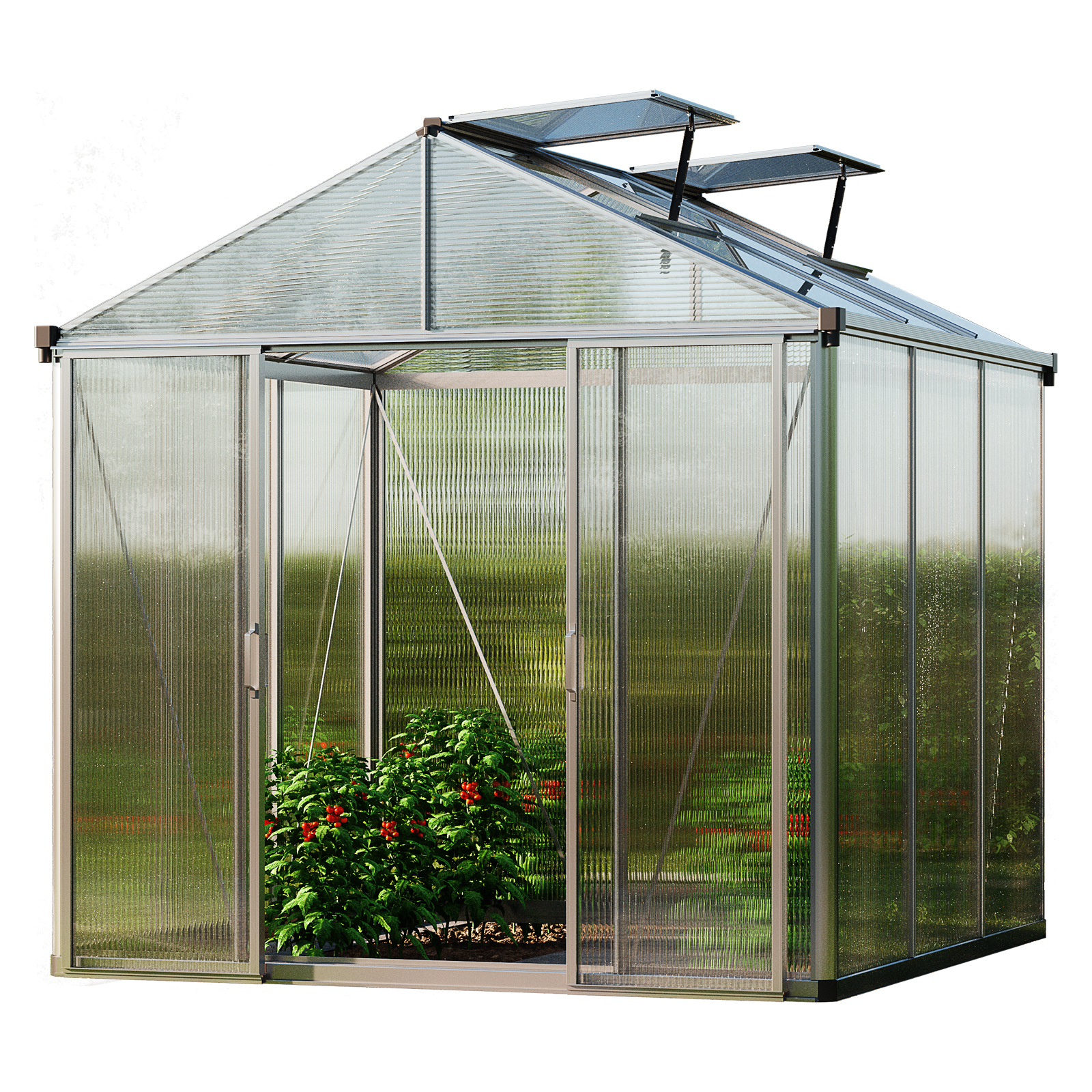 GFP szklarnia TITAN 21 rama aluminiowa 222x222 cm - grube panele poliwęglanowe ok. 10 mm - w tym dodatkowe okna i aut. mechanizmy otwierania okien i stoły składane