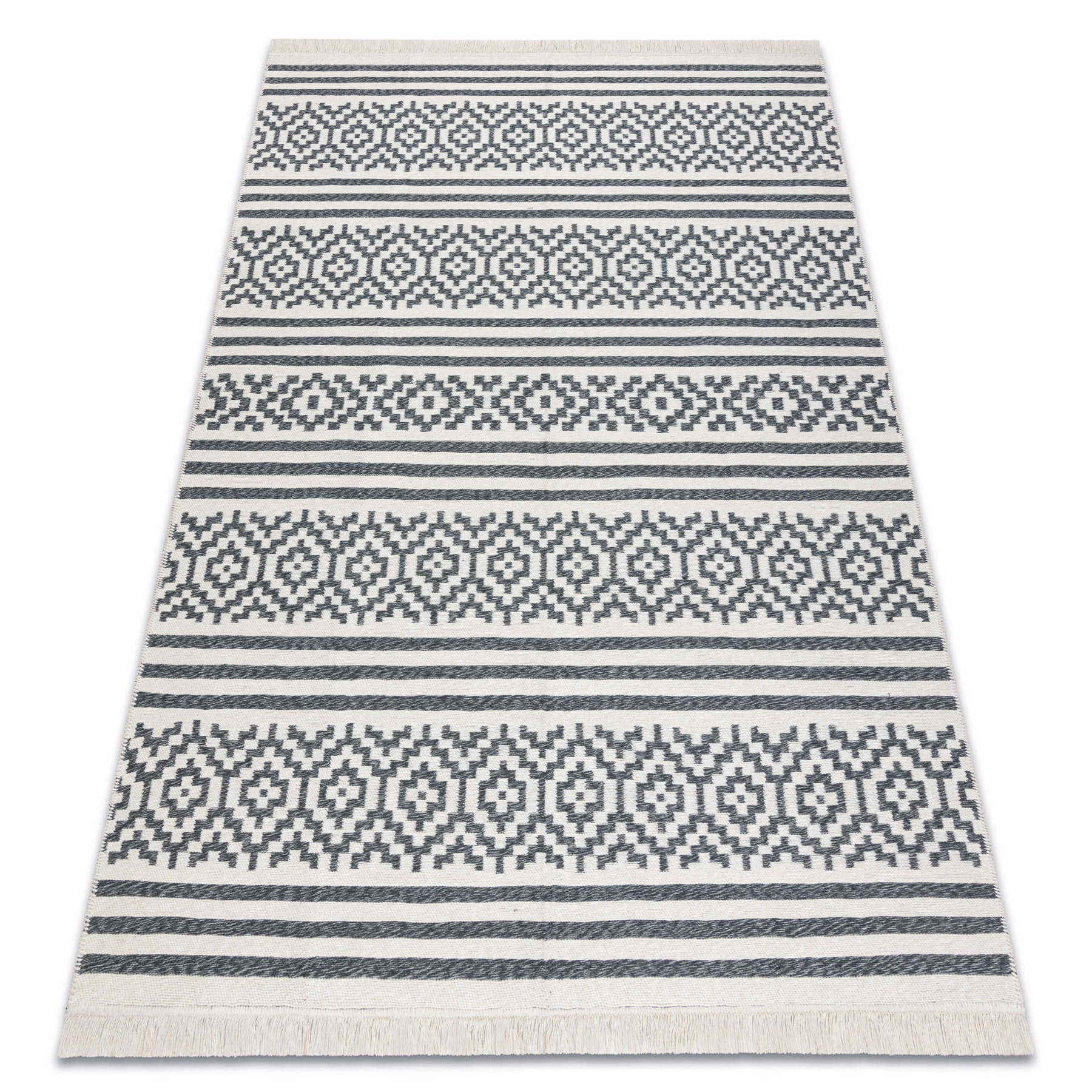 Dywan TWIN 22996 Geometryczny, pasy bawełna, dwustronny Ekologiczny frędzle - antracyt / krem szary 80x150 cm