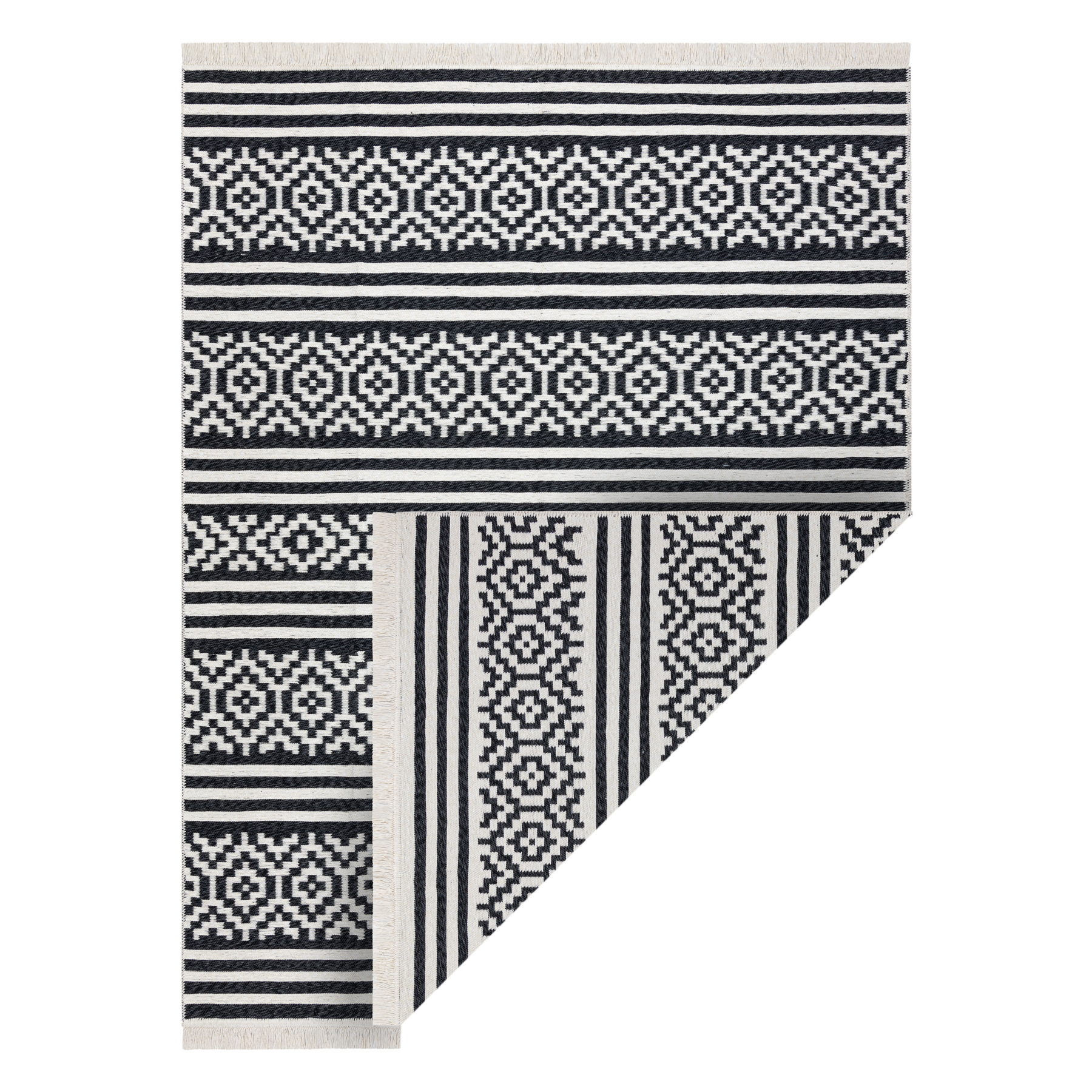 Dywan TWIN 22996 Geometryczny, pasy bawełna, dwustronny Ekologiczny frędzle - / krem czarny 120x170 cm