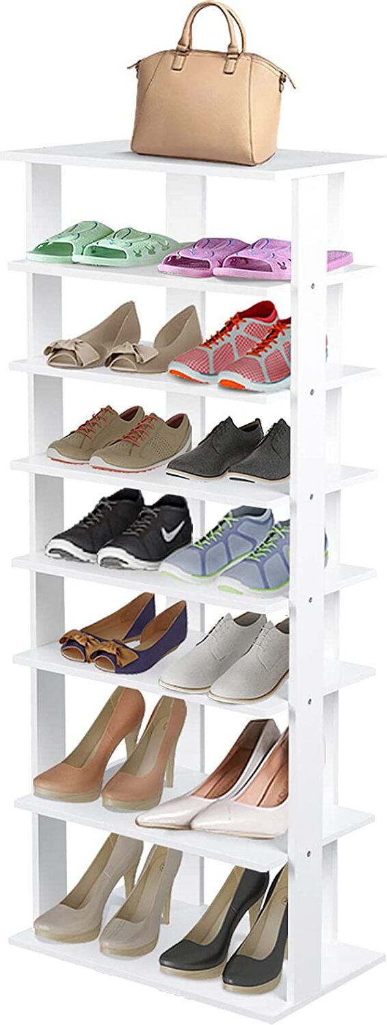 COSTWAY 8-poziomowy stojak na buty z regulacją wysokości, oszczędzający miejsce drewniany stojak na buty, pionowy organizer na buty, wolnostojący stojak narożny do wejścia, przedpokoju (biały, 45 x 25 x 110 cm)
