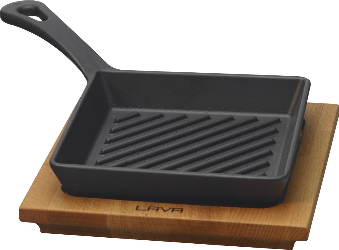 LAVA METAL Żeliwna patelnia grillowa 16x16cm z drewnianą podstawą