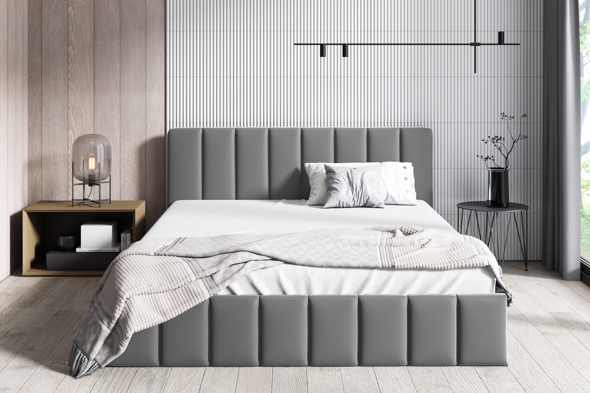 Łóżko tapicerowane GUTTO łóżko podwójne powierzchnia do leżenia 180 x 200 cm metalowa rama z listew skrzynia w kolorze szarym
