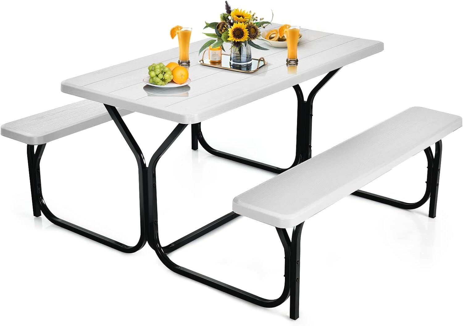 Zestaw namiotów piwnych COSTWAY, stół piknikowy i 2 ławki z metalową ramą, stół kempingowy, zestaw namiotowy na patio, do ogrodu, na basen, 137 x 150 x 72 cm (biały)