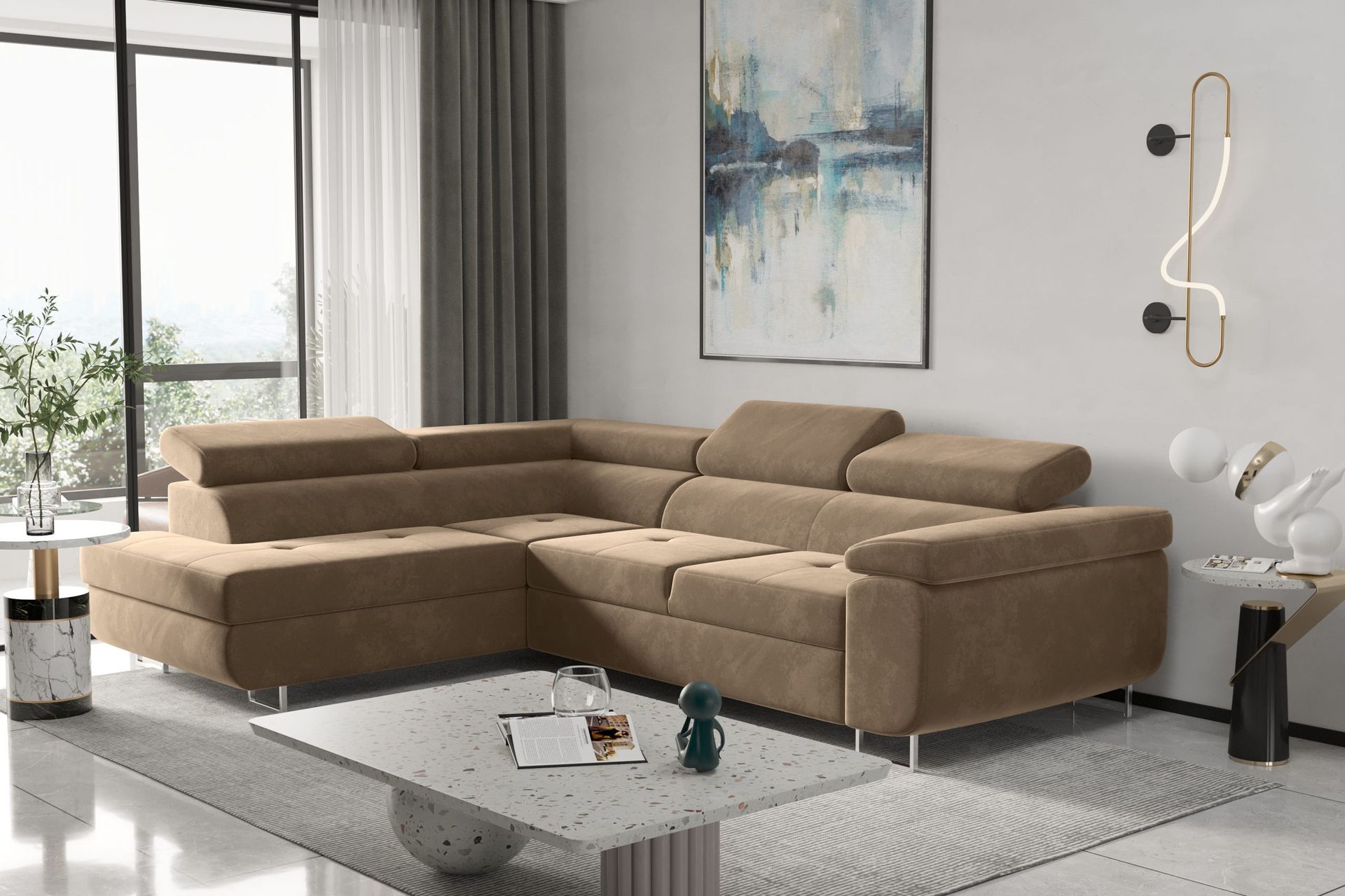 Narożnik z funkcją spania i pojemnikiem na pościel w kształcie litery L - ATOM - tkanina Monolith, wiele kolorów Beżowy Lewy