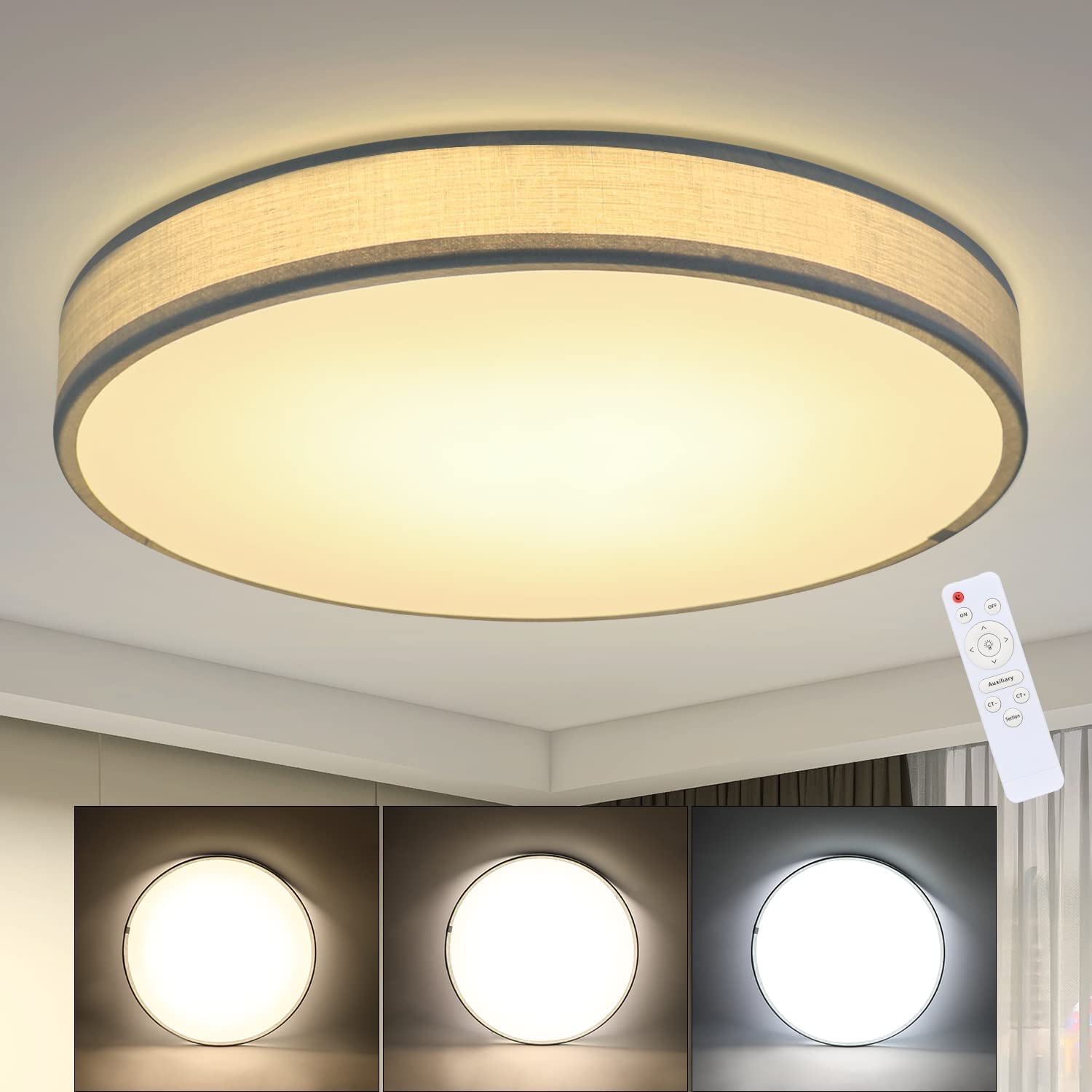 ZMH LED lampa sufitowa do salonu okrągła tkanina ściemnialna z pilotem lampa do sypialni z kloszem z tkaniny 38 W Nowoczesny