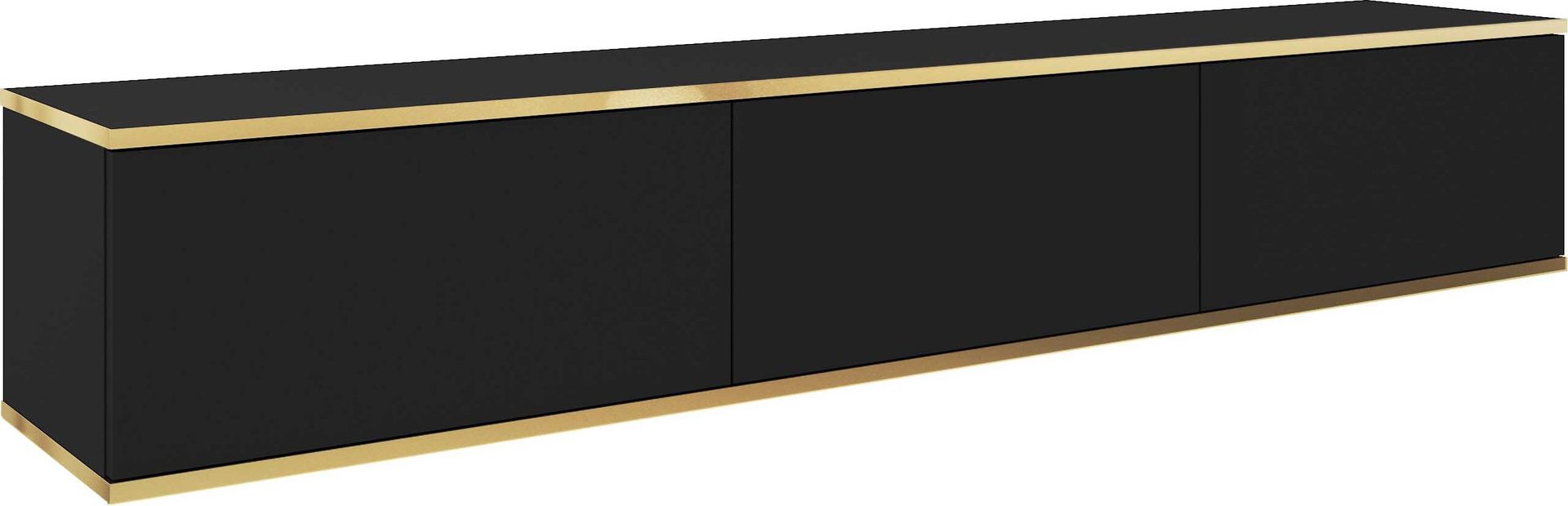 Wisząca szafka RTV - Nowoczesny design z funkcją push-to-open. Kolor: CZARNY, D: dł. 175 cm, wys. 30 cm, gł. 32 cm. Szafka pod telewizor, szafka pod telewizor, szafka wisząca pod telewizor, szafka wisząca ścienna